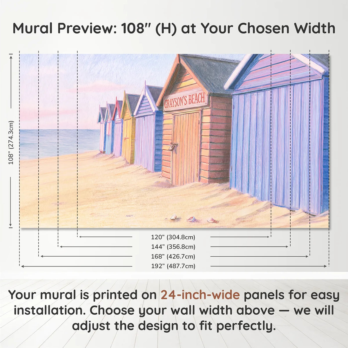 Panel layout and dimensions for Pastel Beach Huts Personalized Wall Mural by Whimsy Tots