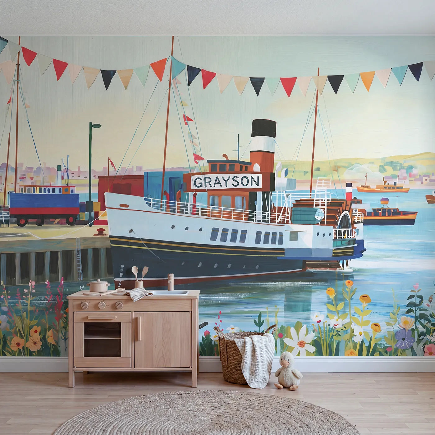 Modern Illustration paddle steamer personalized wall mural with name for a playroom by Whimsy Tots