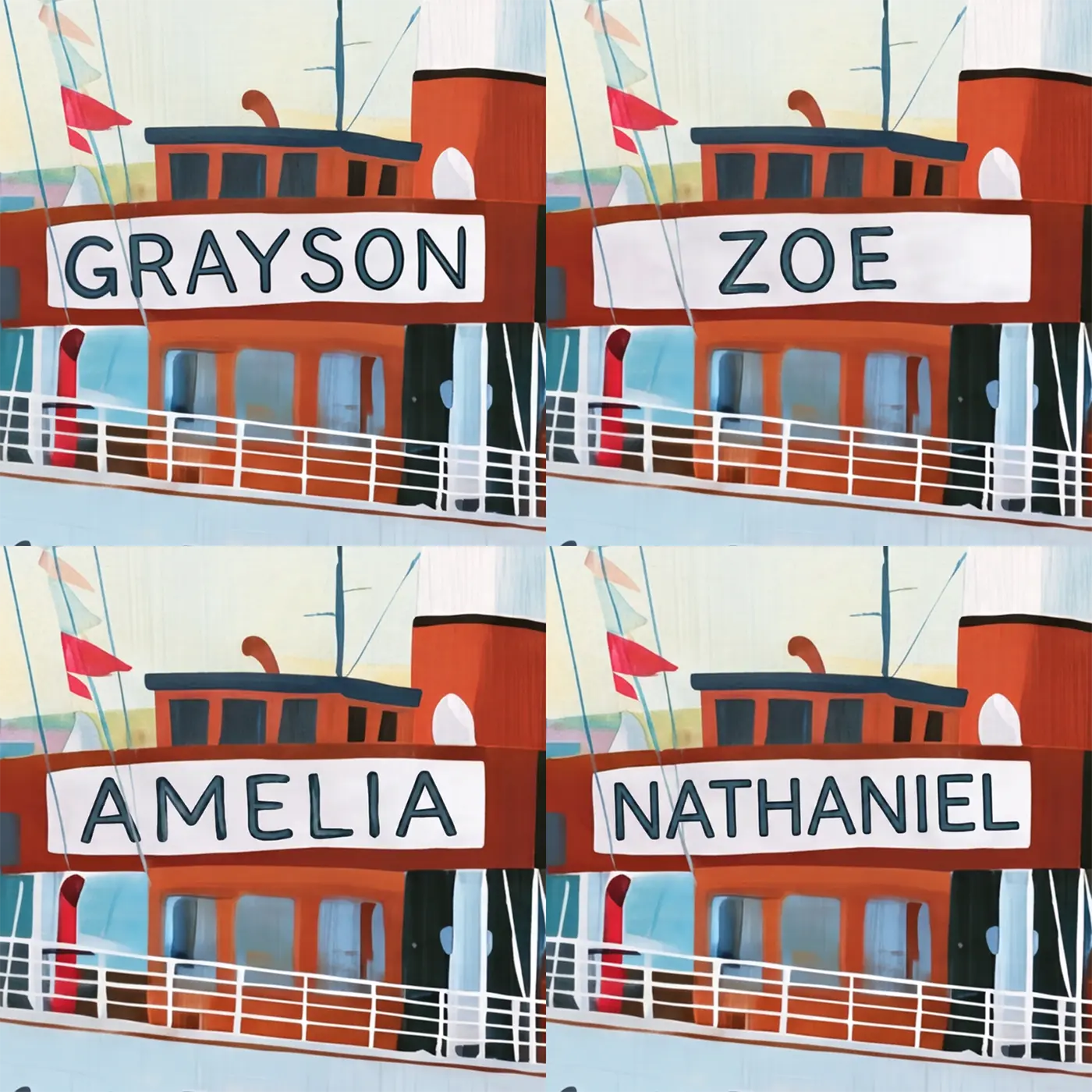 Four name preview examples of Sunny Paddle Steamer Personalized Wall Mural by Whimsy Tots