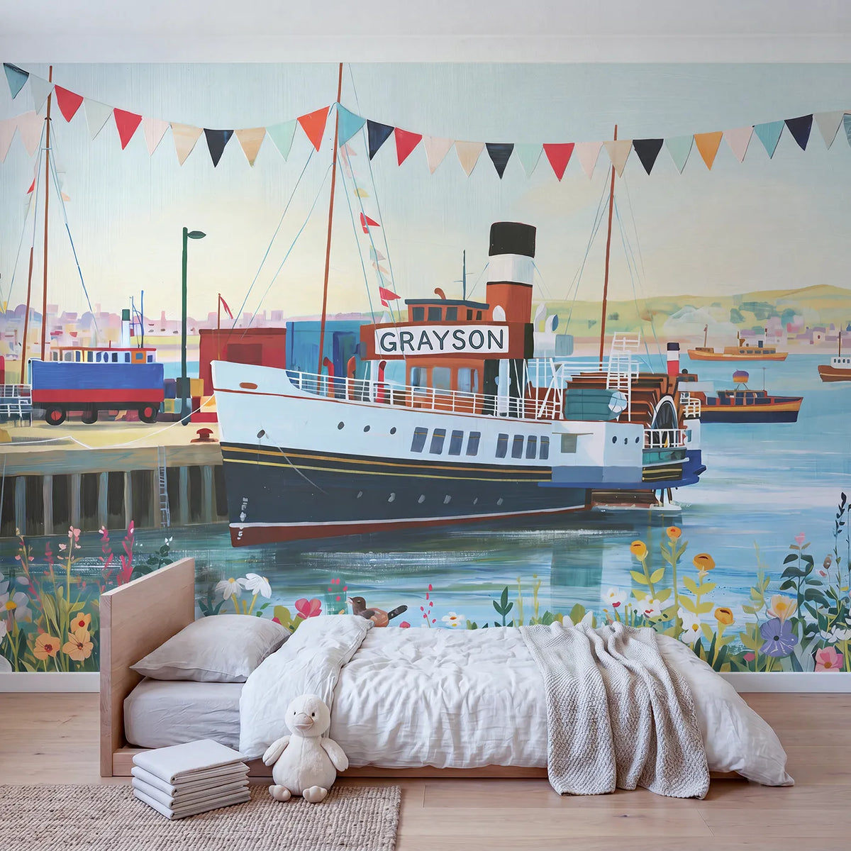 Sunny Paddle Steamer Personalized Wall Mural in playroom setting by Whimsy Tots