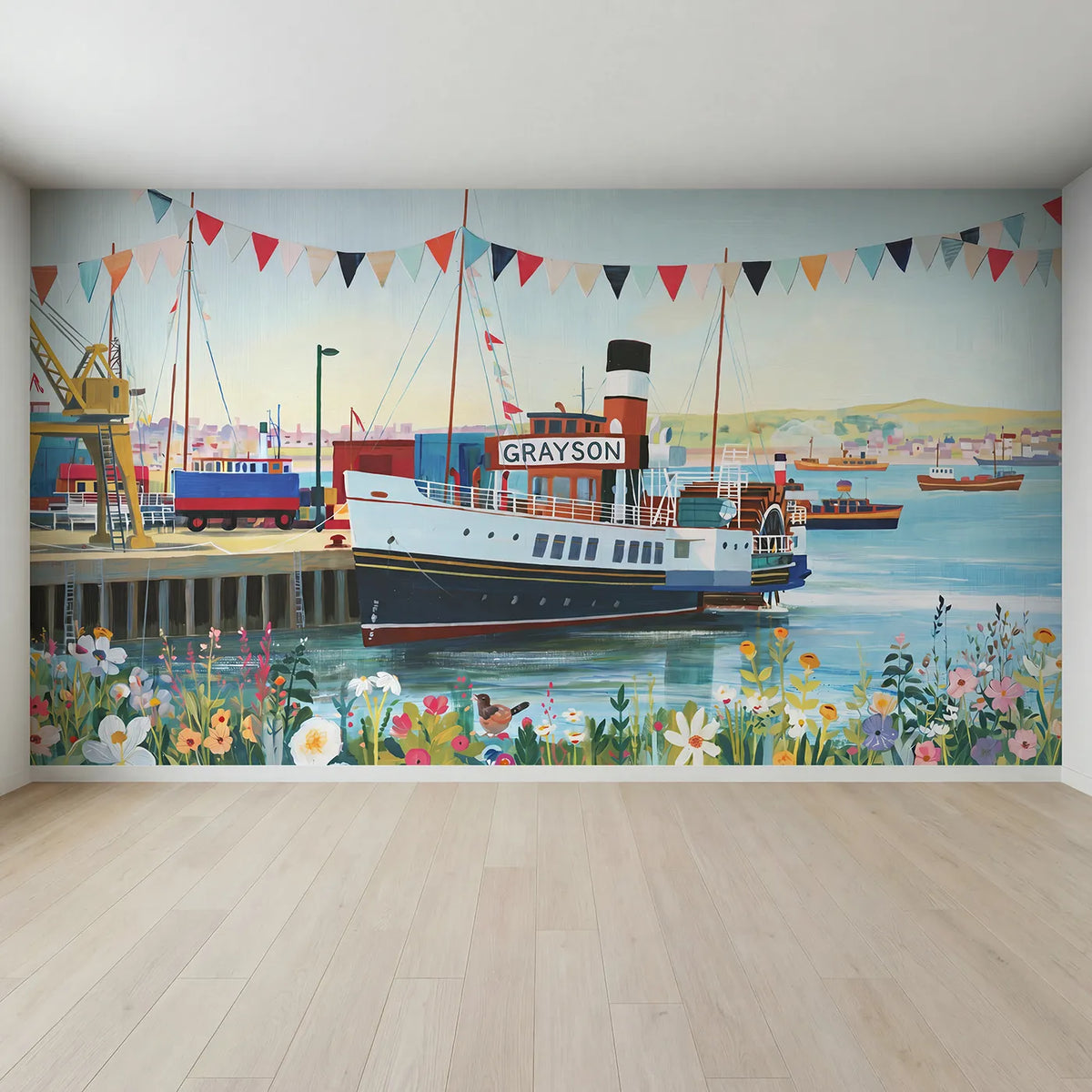 Full view of Sunny Paddle Steamer Personalized Wall Mural by Whimsy Tots