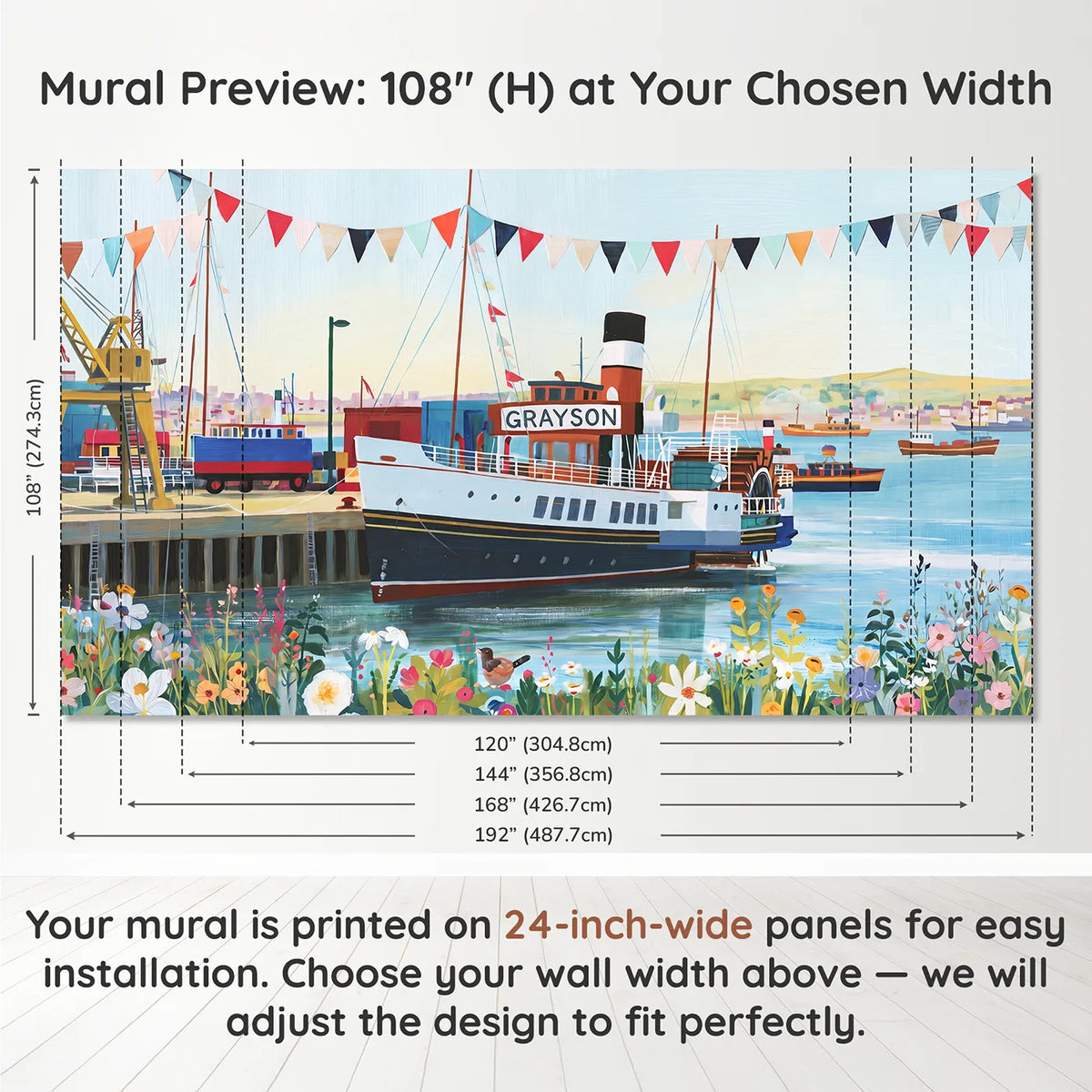 Panel layout and dimensions for Sunny Paddle Steamer Personalized Wall Mural by Whimsy Tots