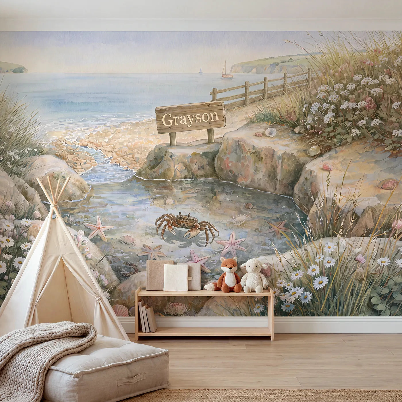 Storybook crab and tide pool personalized wall mural with name for a toddler room by Whimsy Tots
