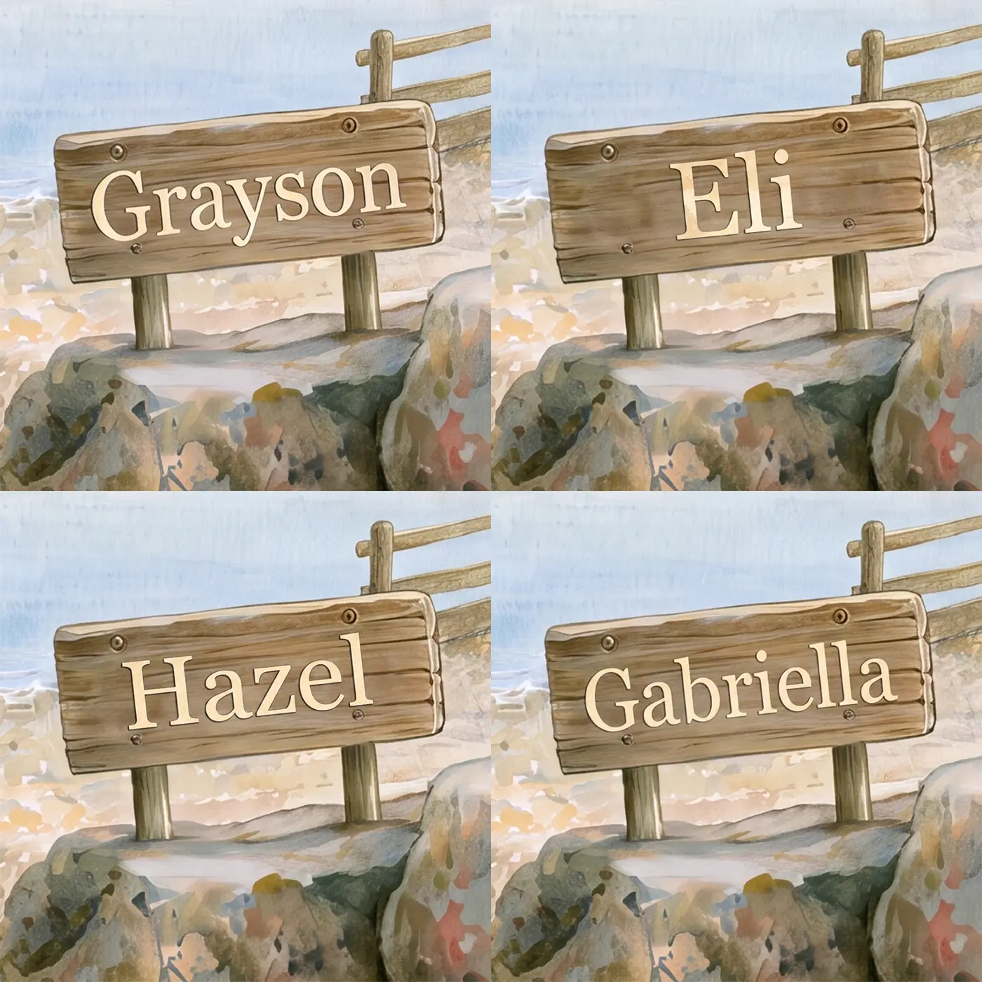 Four name preview examples of Crab Tide Pool Personalized Wall Mural by Whimsy Tots