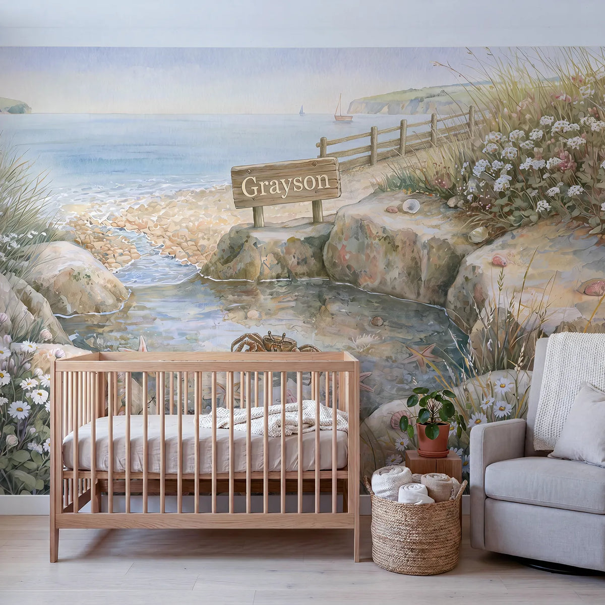 Crab Tide Pool Personalized Wall Mural in playroom setting by Whimsy Tots