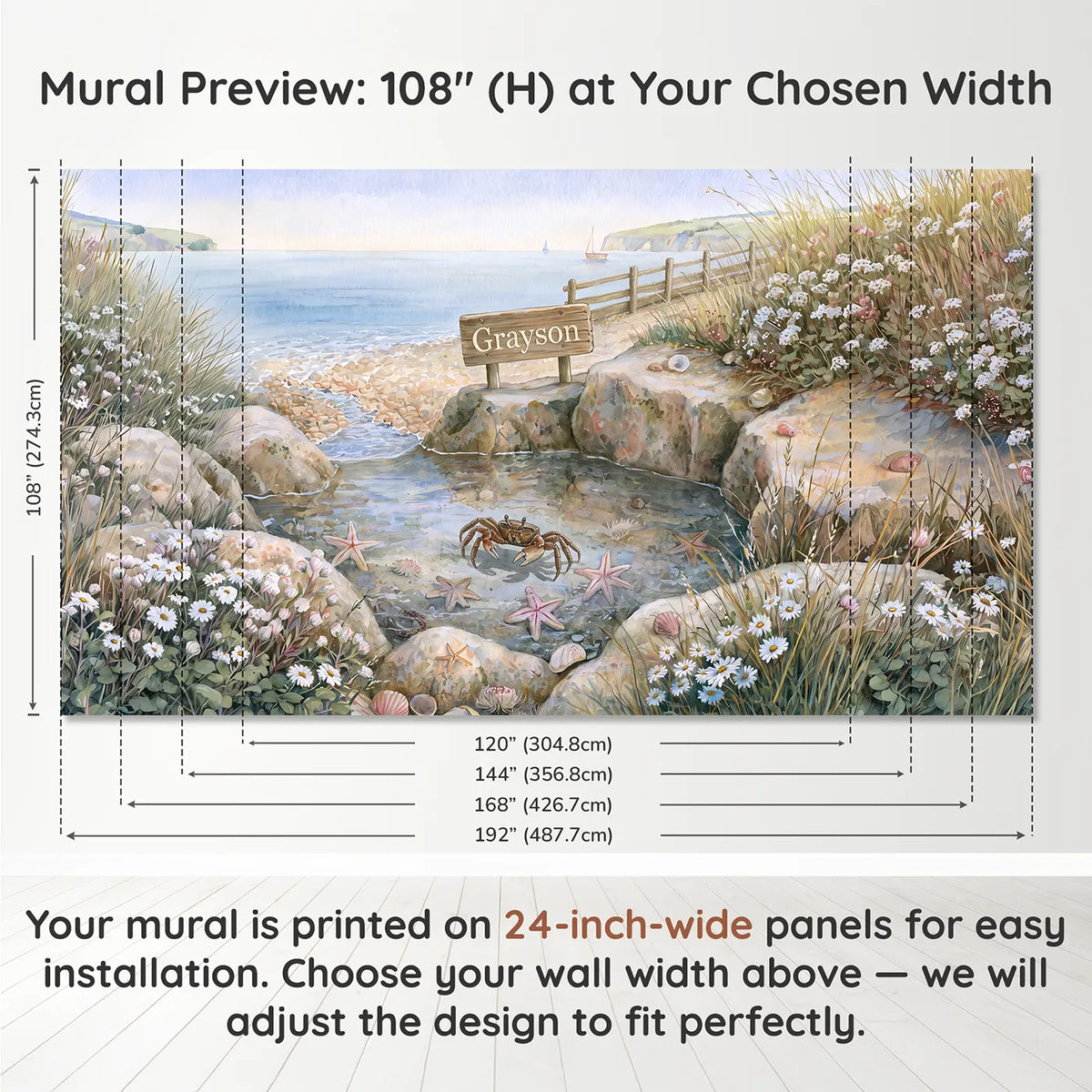 Panel layout and dimensions for Crab Tide Pool Personalized Wall Mural by Whimsy Tots