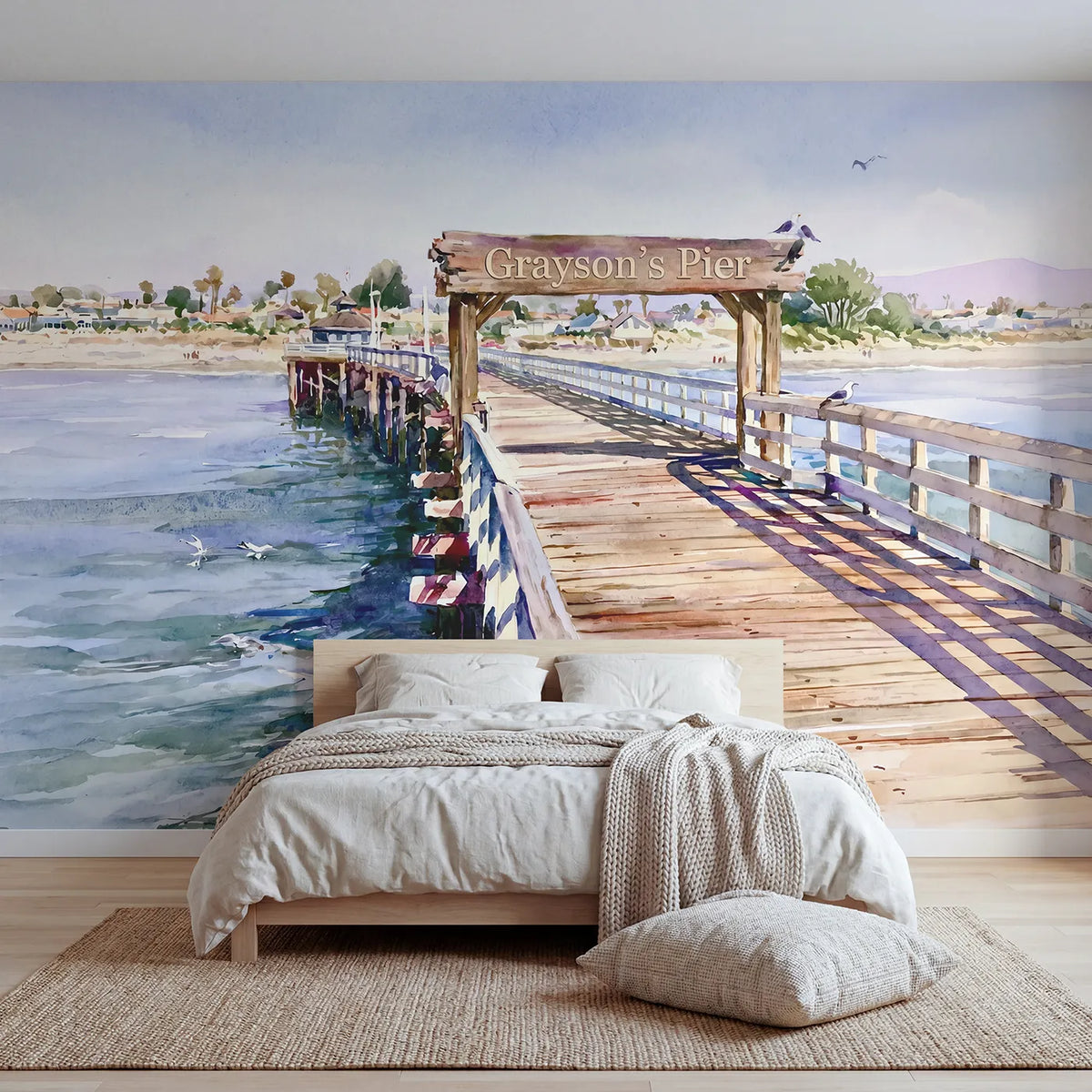 Watercolor pier and gulls personalized wall mural with name board for a bedroom by Whimsy Tots
