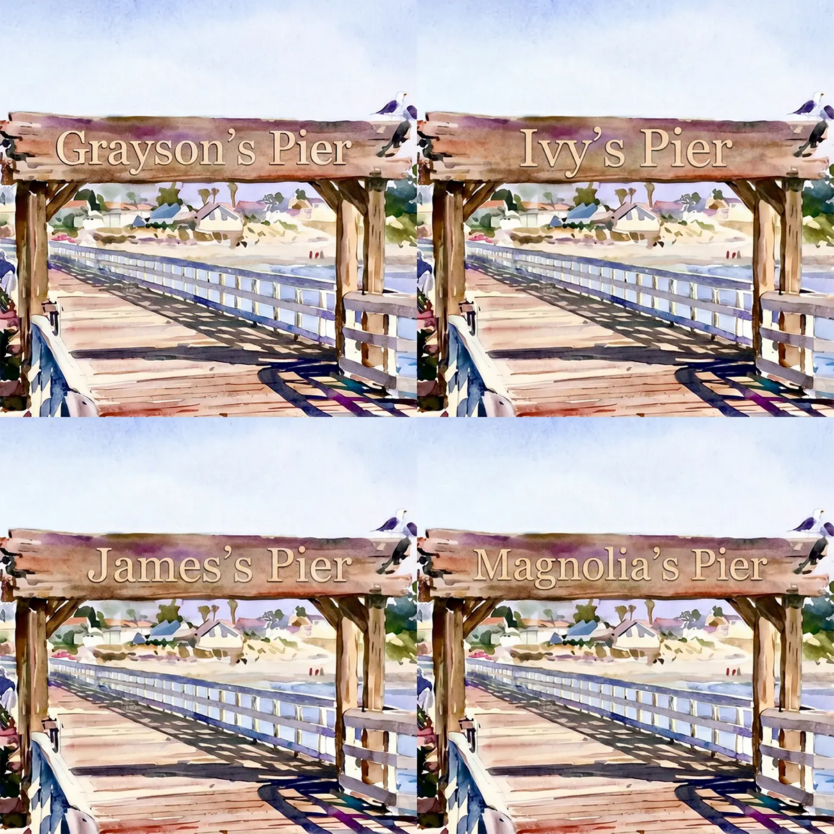 Four name preview examples of Coastal Pier Gulls Personalized Wall Mural by Whimsy Tots