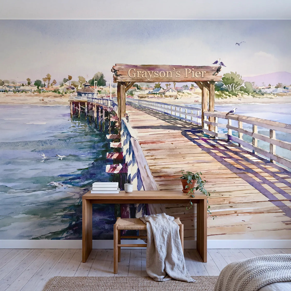 Coastal Pier Gulls Personalized Wall Mural in playroom setting by Whimsy Tots