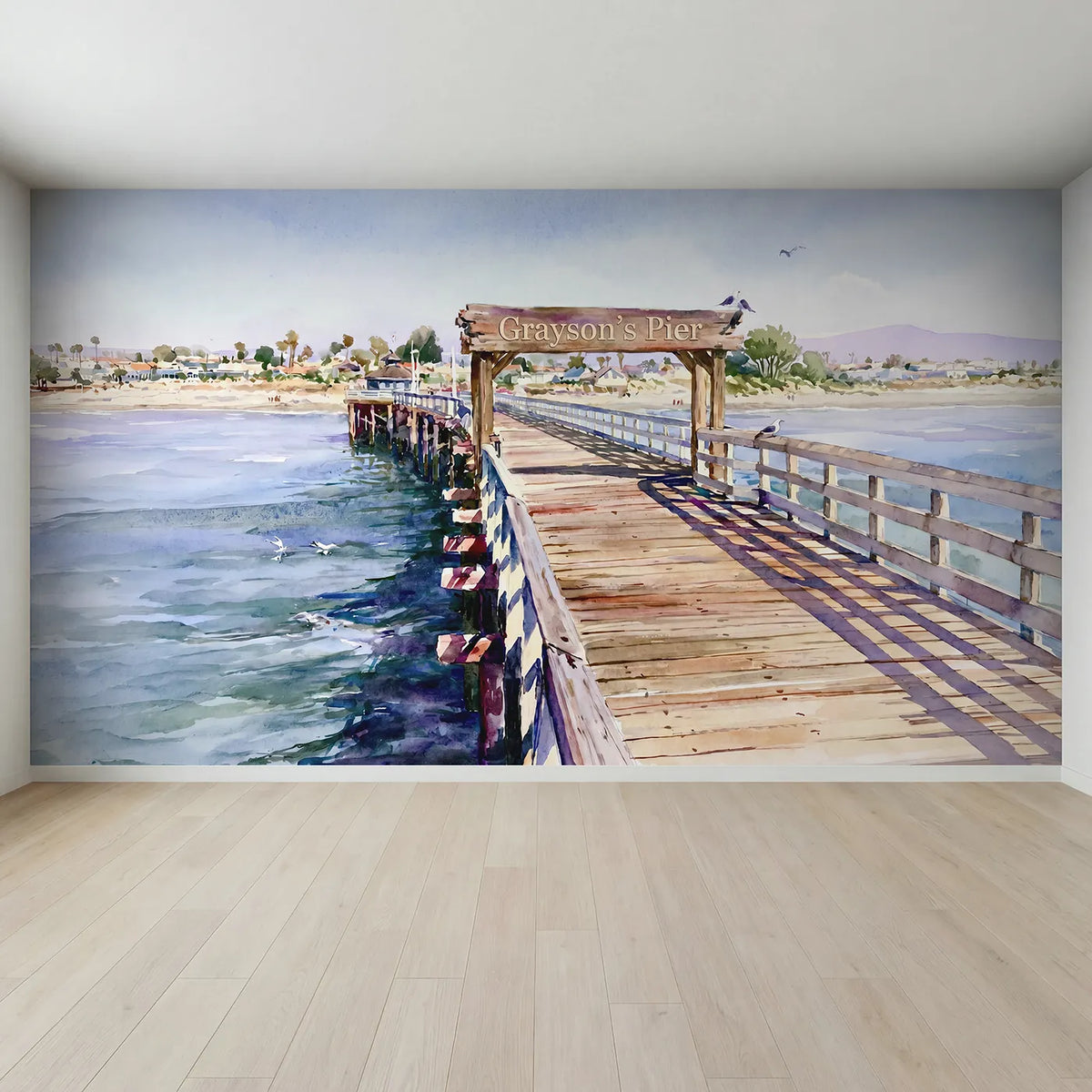 Full view of Coastal Pier Gulls Personalized Wall Mural by Whimsy Tots