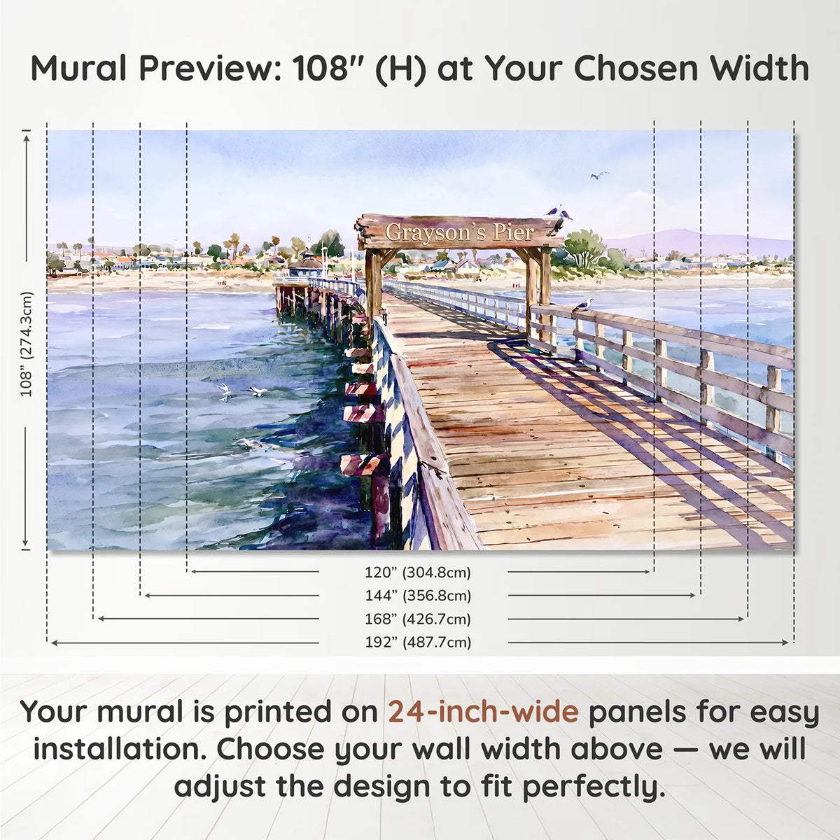 Panel layout and dimensions for Coastal Pier Gulls Personalized Wall Mural by Whimsy Tots