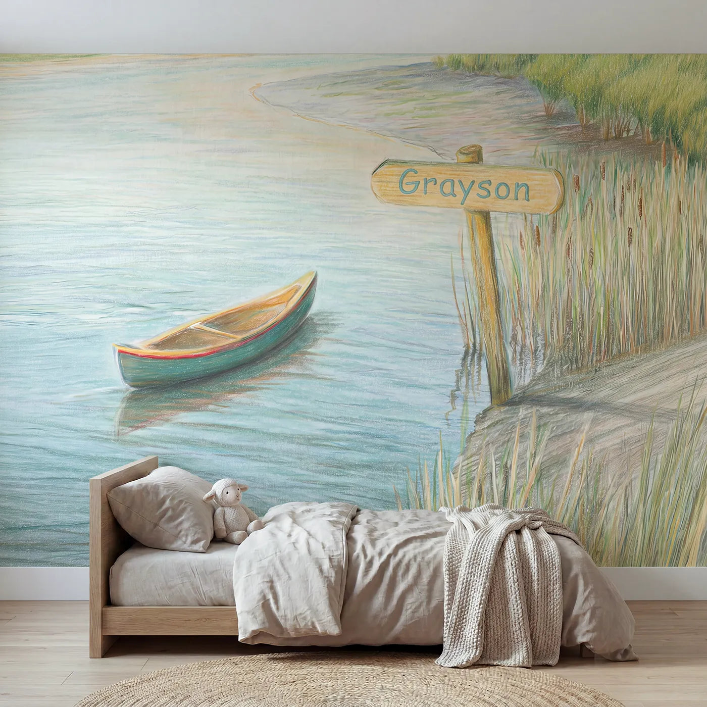 Colored Pencil river canoe personalized wall mural with name post for a toddler room by Whimsy Tots