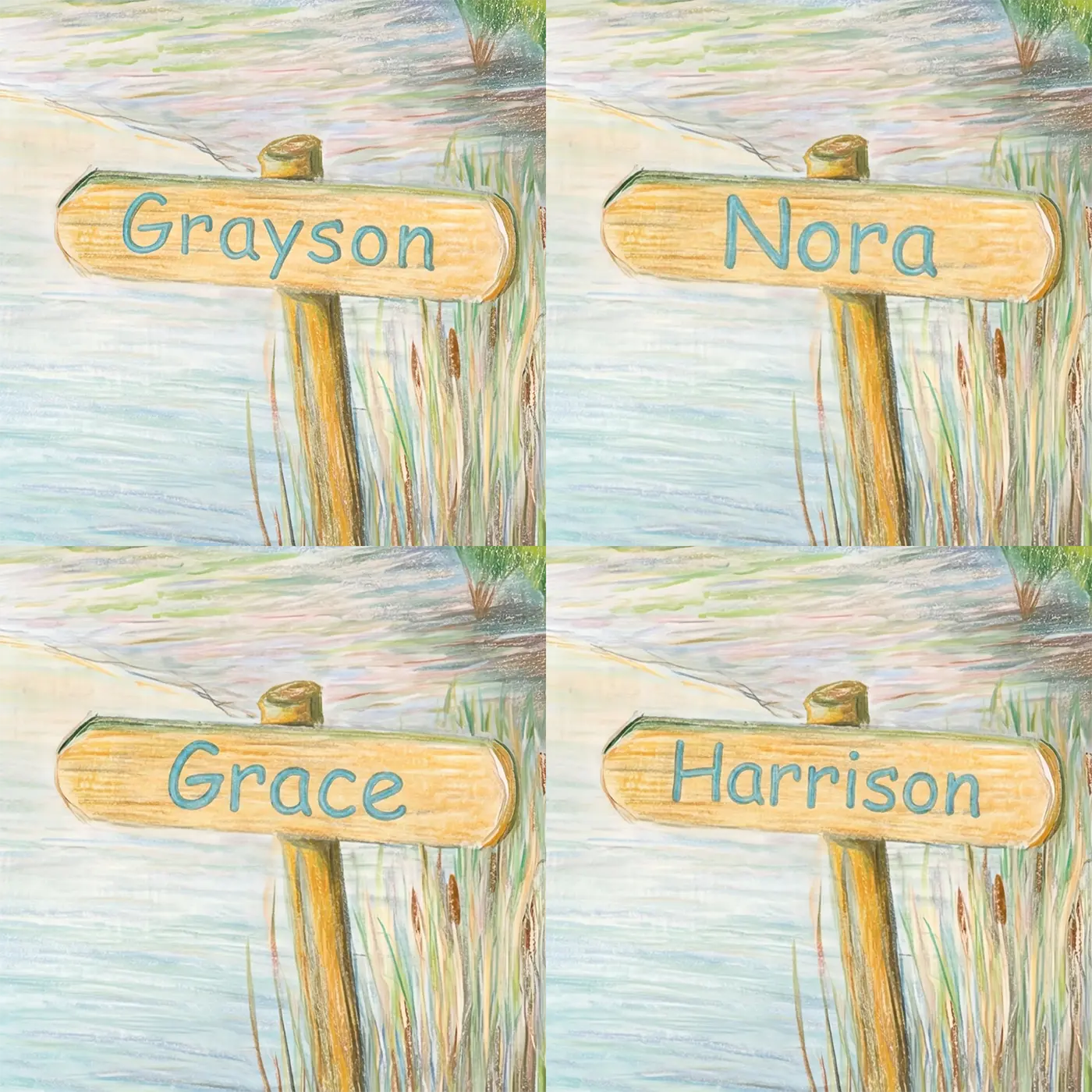 Four name preview examples of Calm River Canoe Personalized Wall Mural by Whimsy Tots