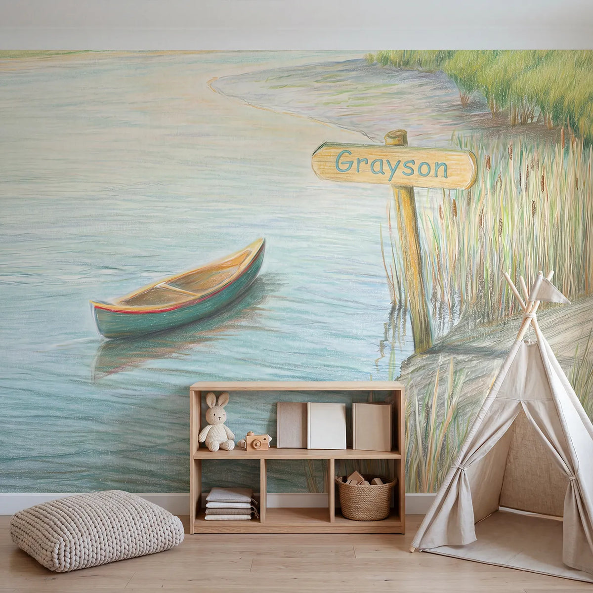 Calm River Canoe Personalized Wall Mural in playroom setting by Whimsy Tots