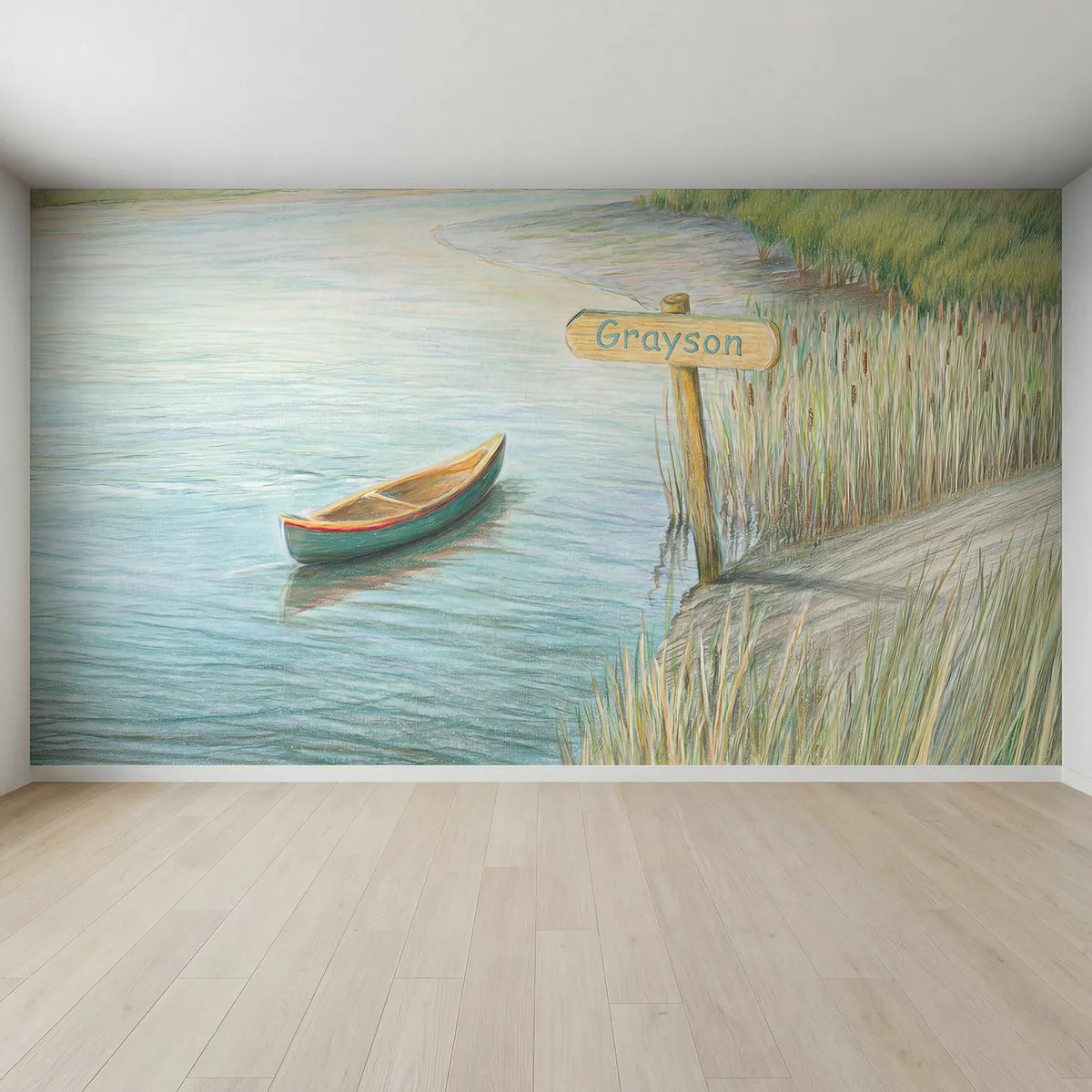 Full view of Calm River Canoe Personalized Wall Mural by Whimsy Tots