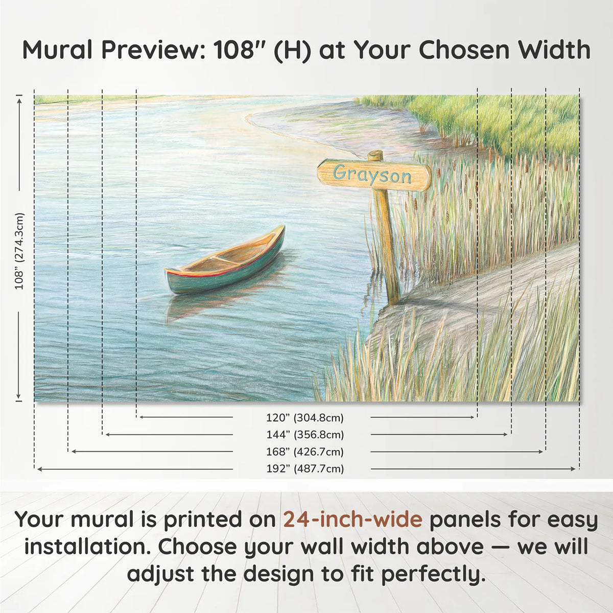 Panel layout and dimensions for Calm River Canoe Personalized Wall Mural by Whimsy Tots