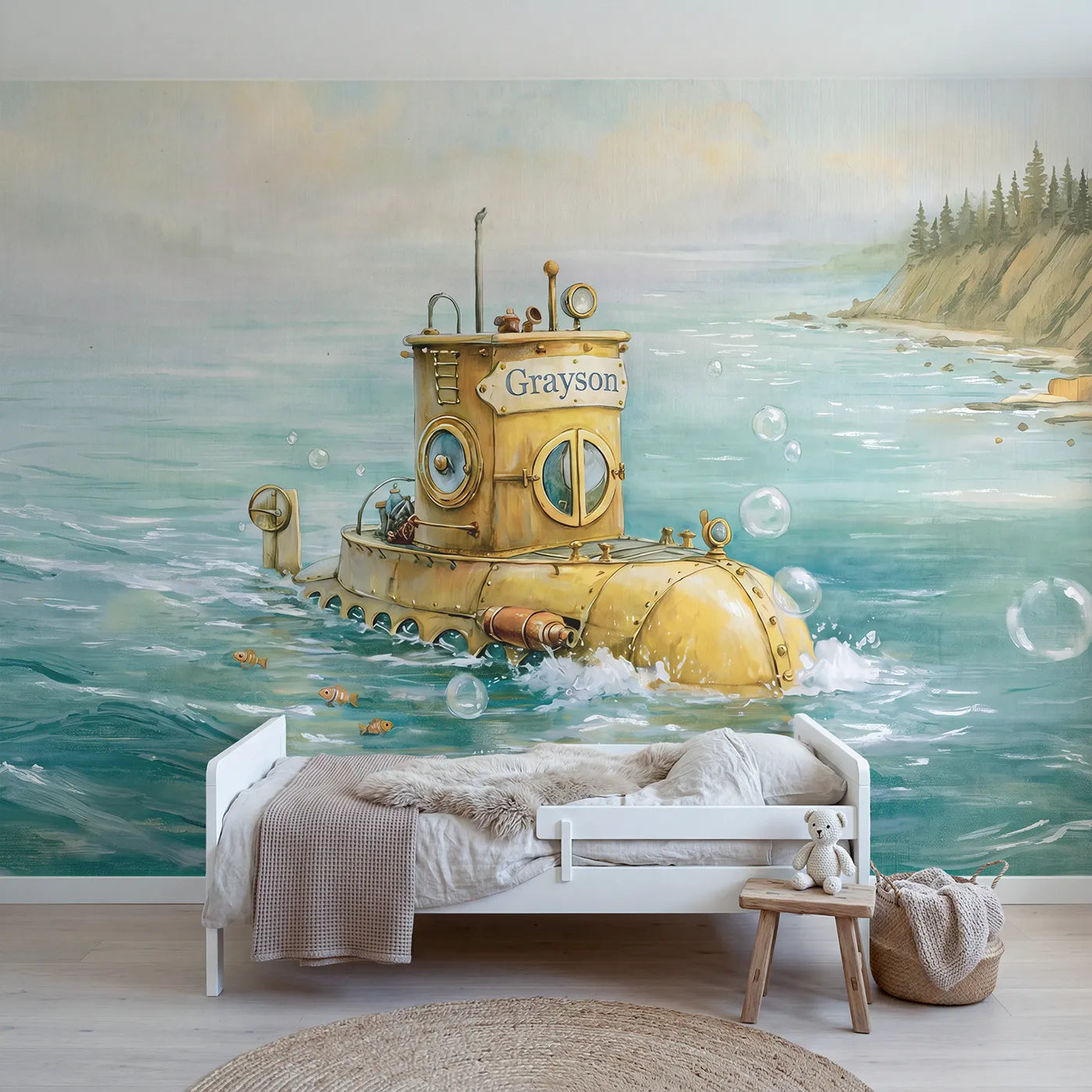 Storybook yellow submarine personalized wall mural with name on tower for a playroom by Whimsy Tots