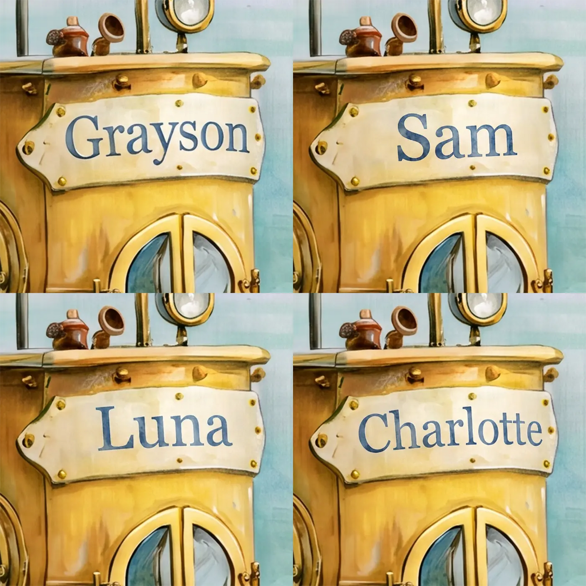 Four name preview examples of Little Yellow Submarine Personalized Wall Mural by Whimsy Tots