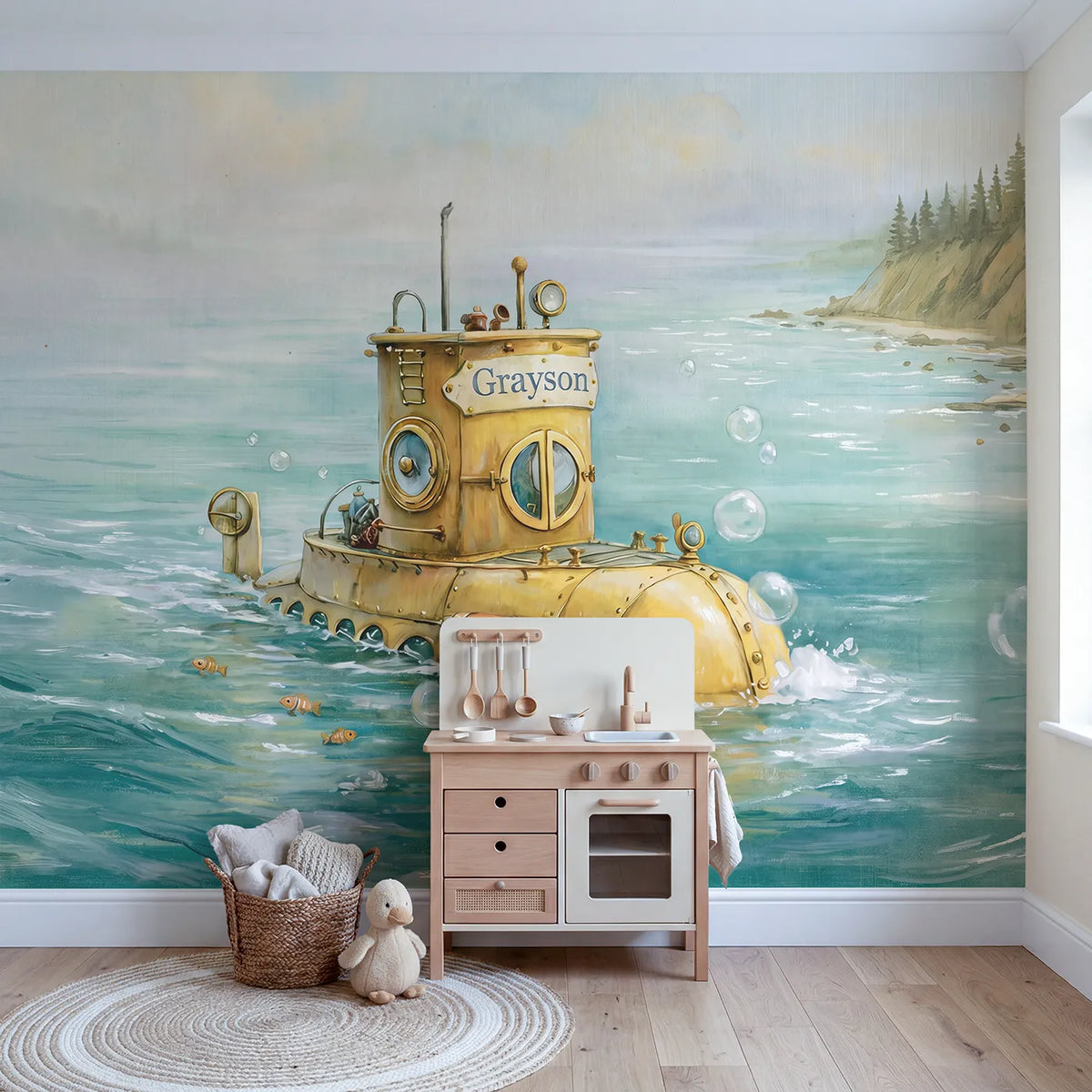 Little Yellow Submarine Personalized Wall Mural in playroom setting by Whimsy Tots