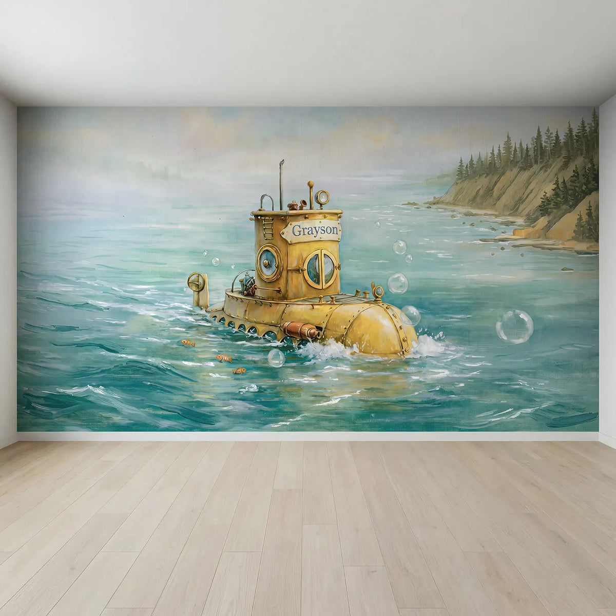 Full view of Little Yellow Submarine Personalized Wall Mural by Whimsy Tots