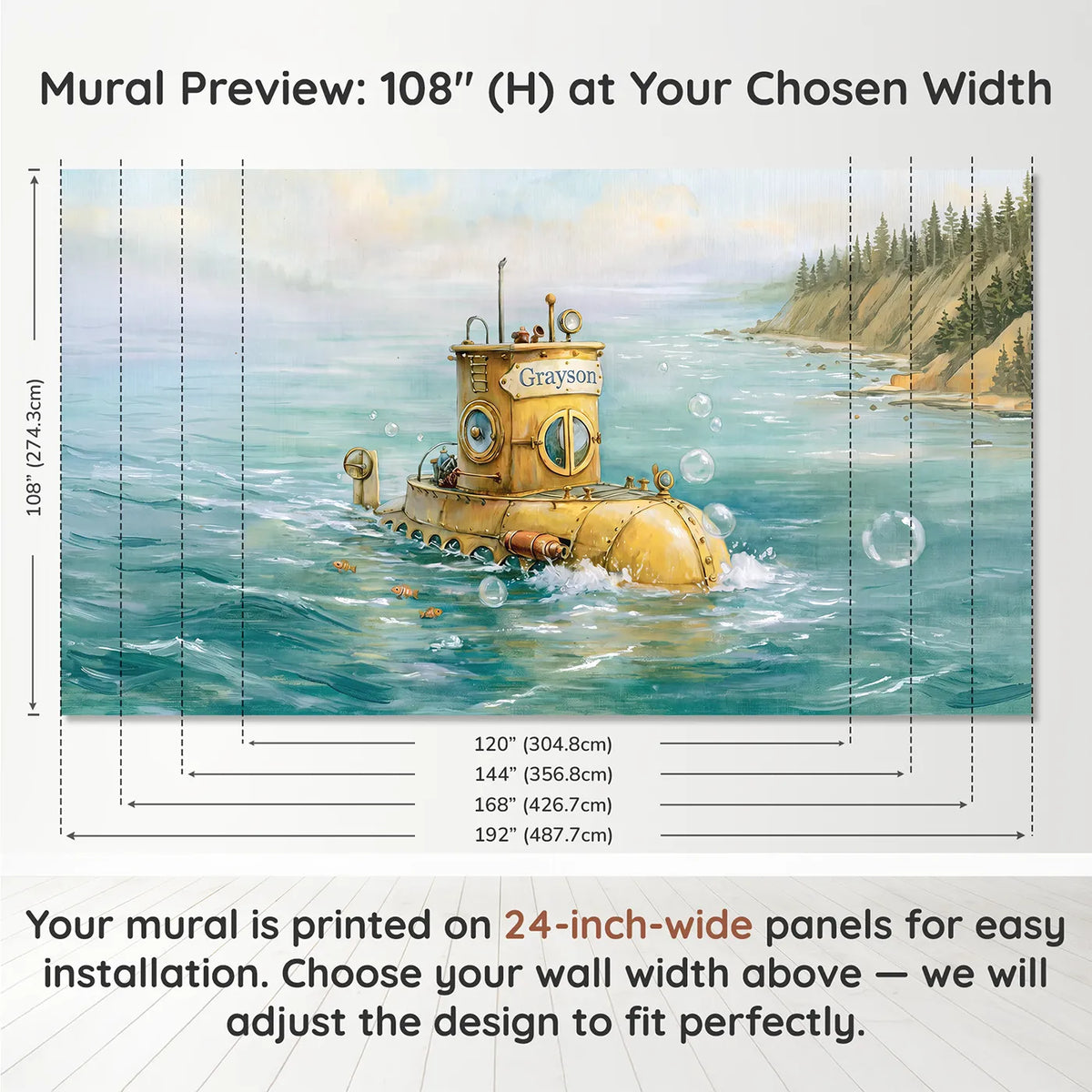 Panel layout and dimensions for Little Yellow Submarine Personalized Wall Mural by Whimsy Tots