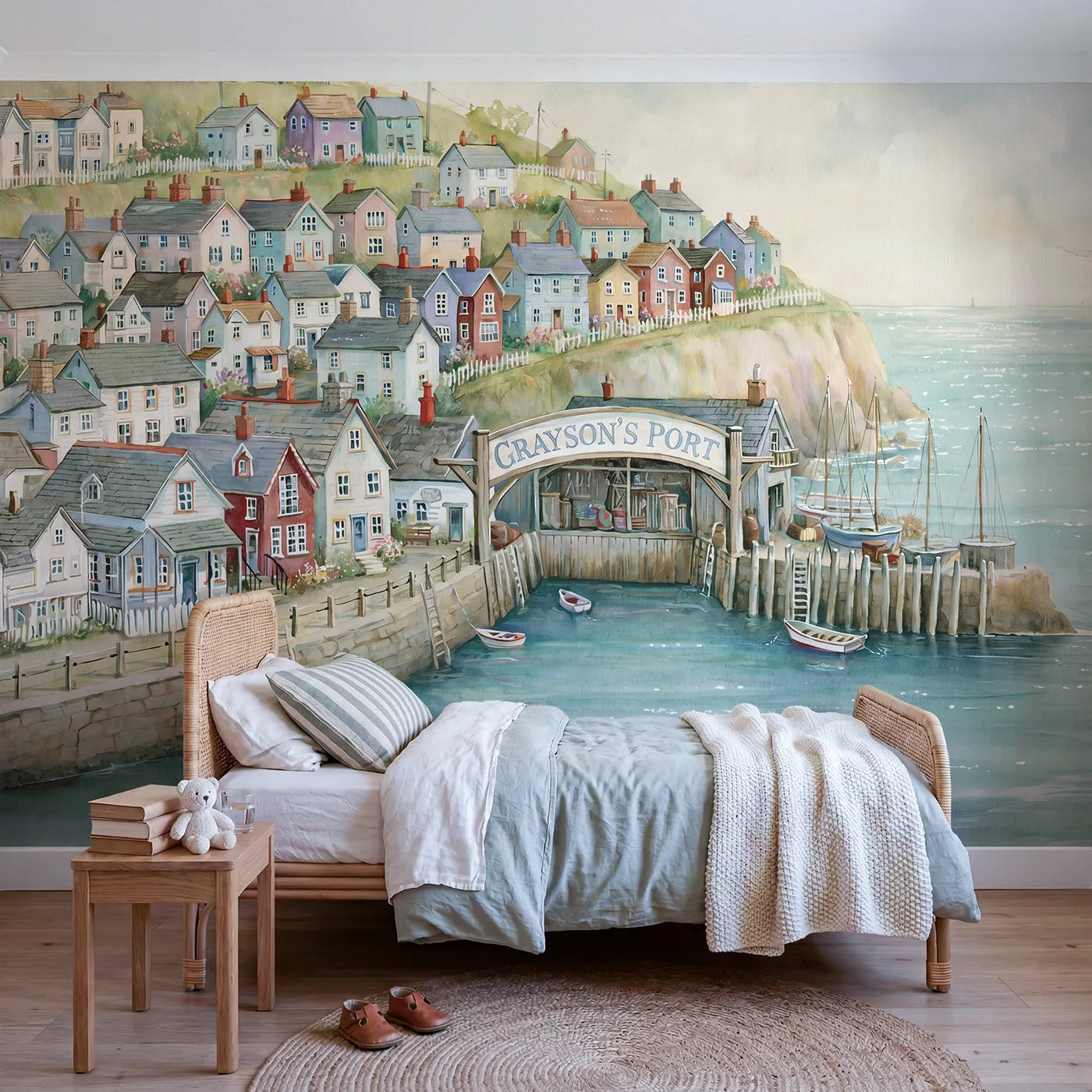 Storybook harbor village personalized wall mural with name archway for a kids room by Whimsy Tots