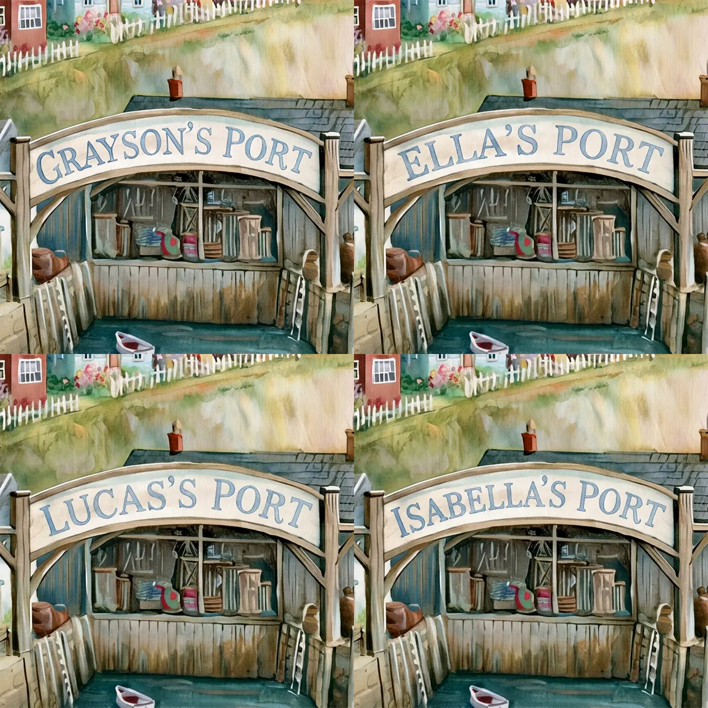 Four name preview examples of Coastal Harbor Village Personalized Wall Mural by Whimsy Tots