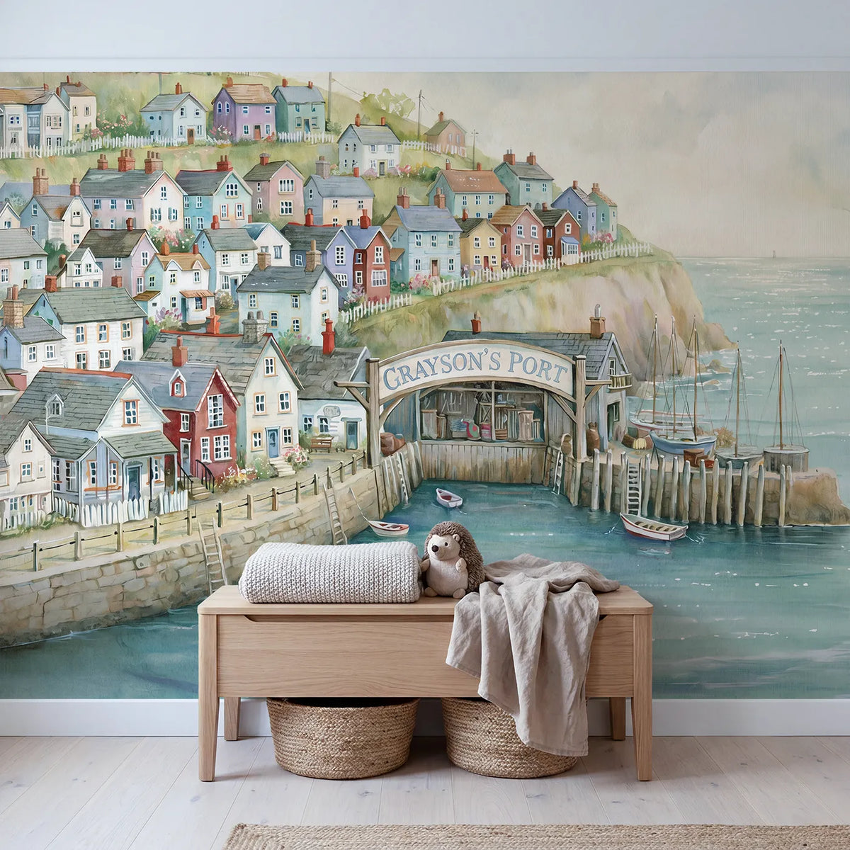 Coastal Harbor Village Personalized Wall Mural in playroom setting by Whimsy Tots
