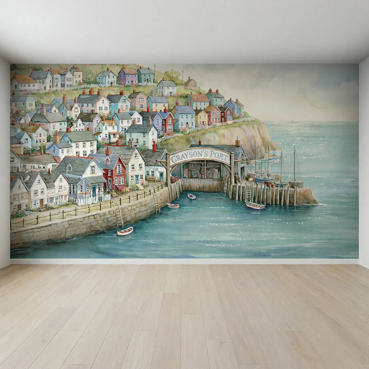 Full view of Coastal Harbor Village Personalized Wall Mural by Whimsy Tots