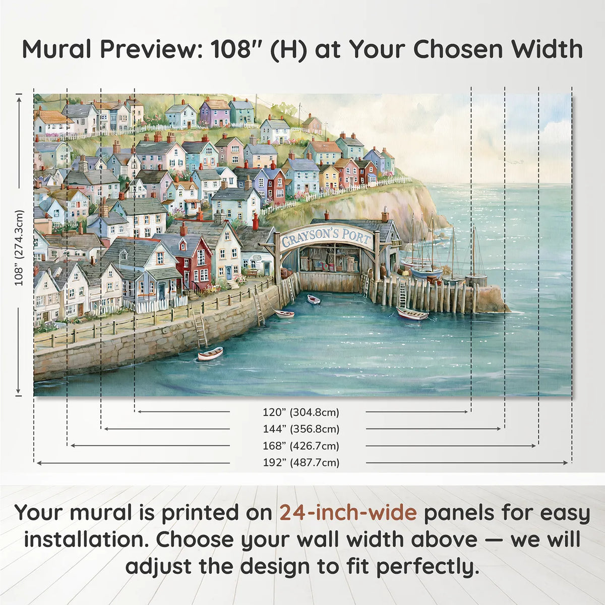 Panel layout and dimensions for Coastal Harbor Village Personalized Wall Mural by Whimsy Tots