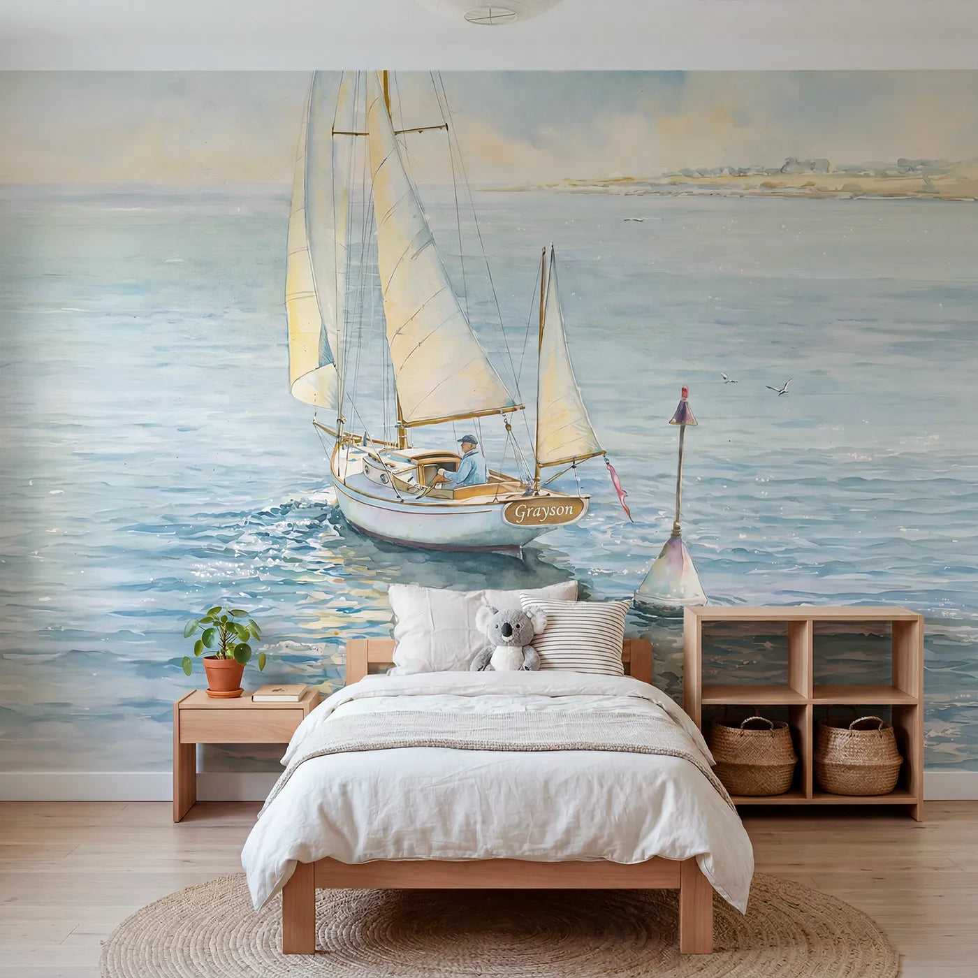Storybook sailing yacht personalized wall mural with name at transom for a bedroom by Whimsy Tots