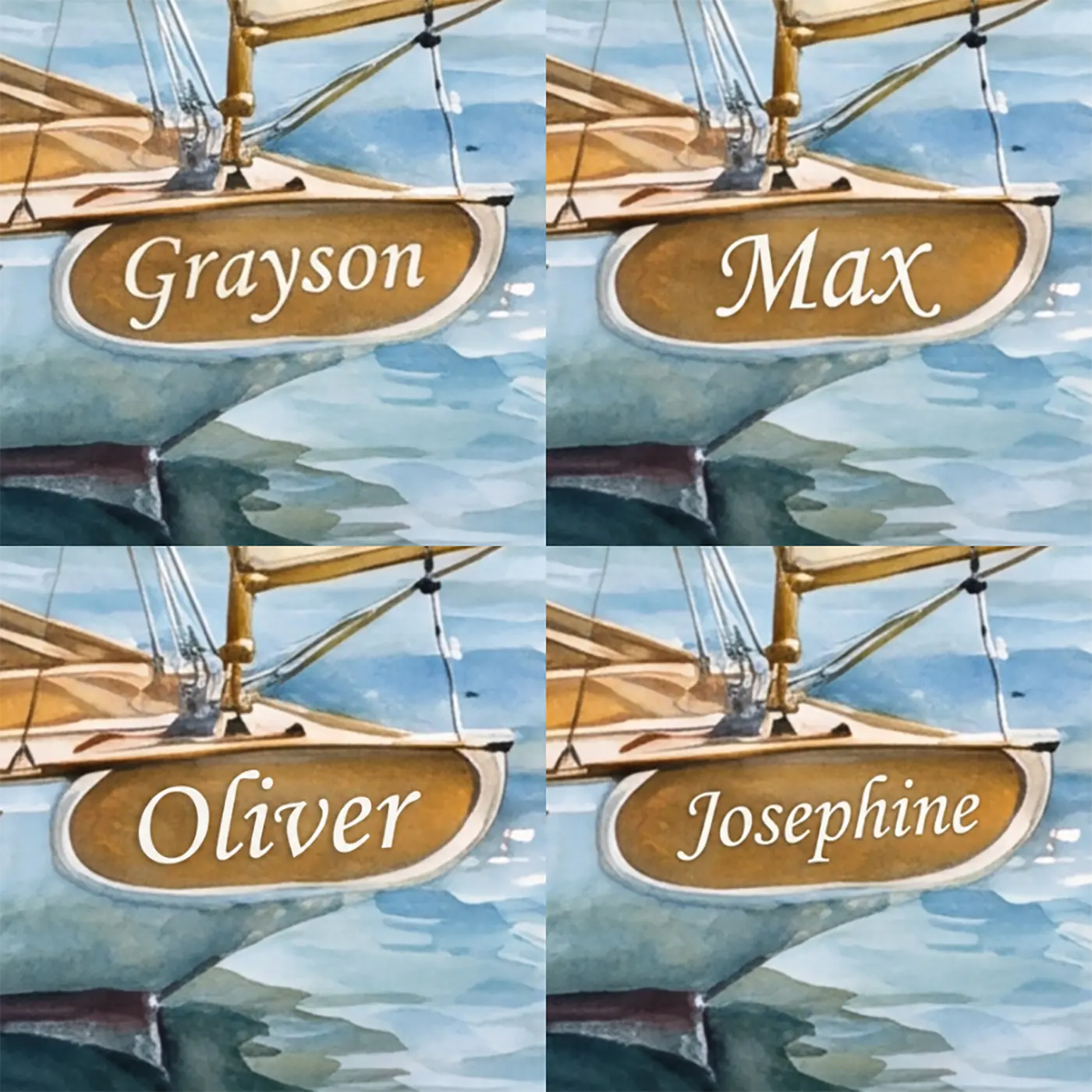 Four name preview examples of Graceful Sailing Yacht Personalized Wall Mural by Whimsy Tots