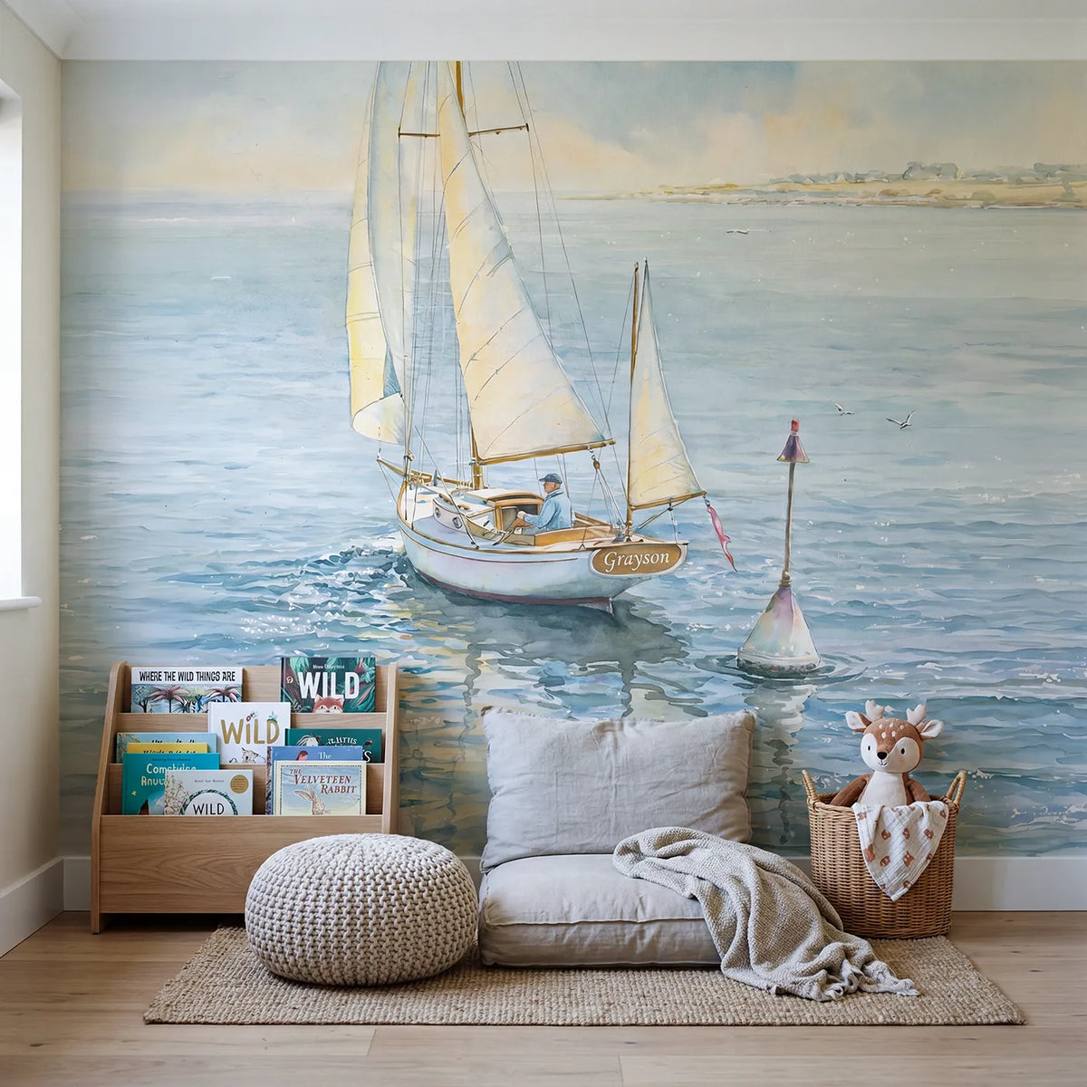 Graceful Sailing Yacht Personalized Wall Mural in playroom setting by Whimsy Tots
