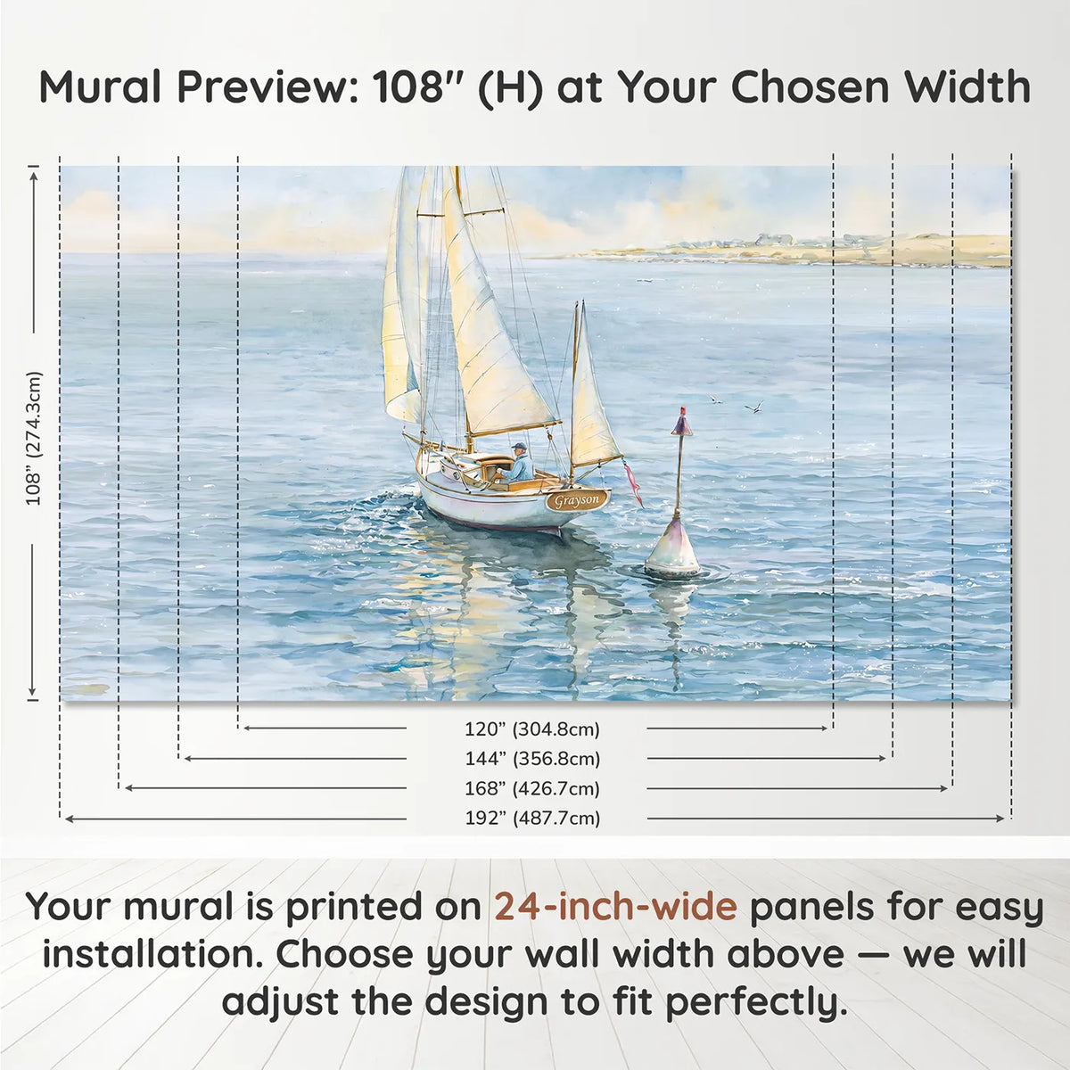 Panel layout and dimensions for Graceful Sailing Yacht Personalized Wall Mural by Whimsy Tots