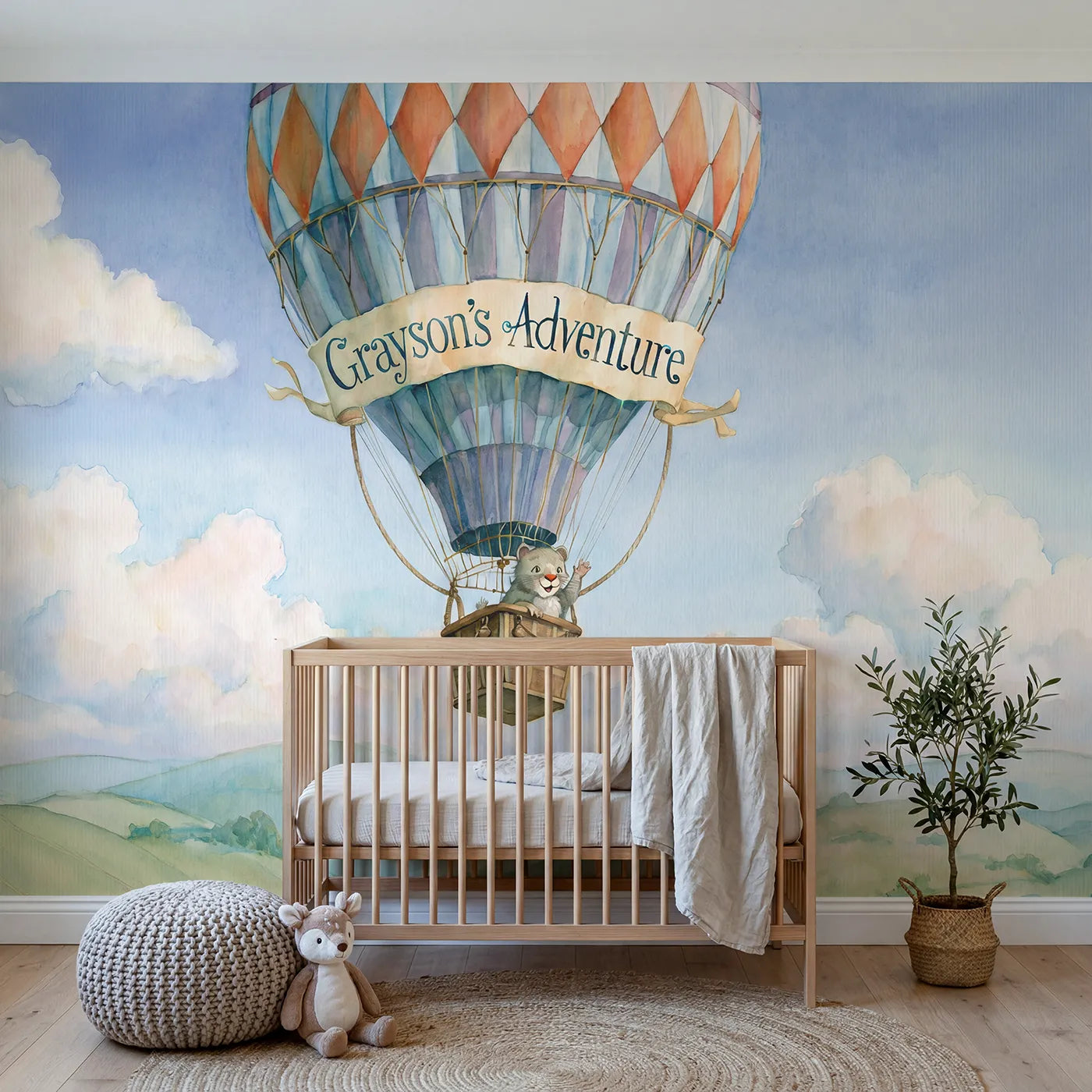 Storybook hot air balloon personalized wall mural with name banner for a nursery by Whimsy Tots