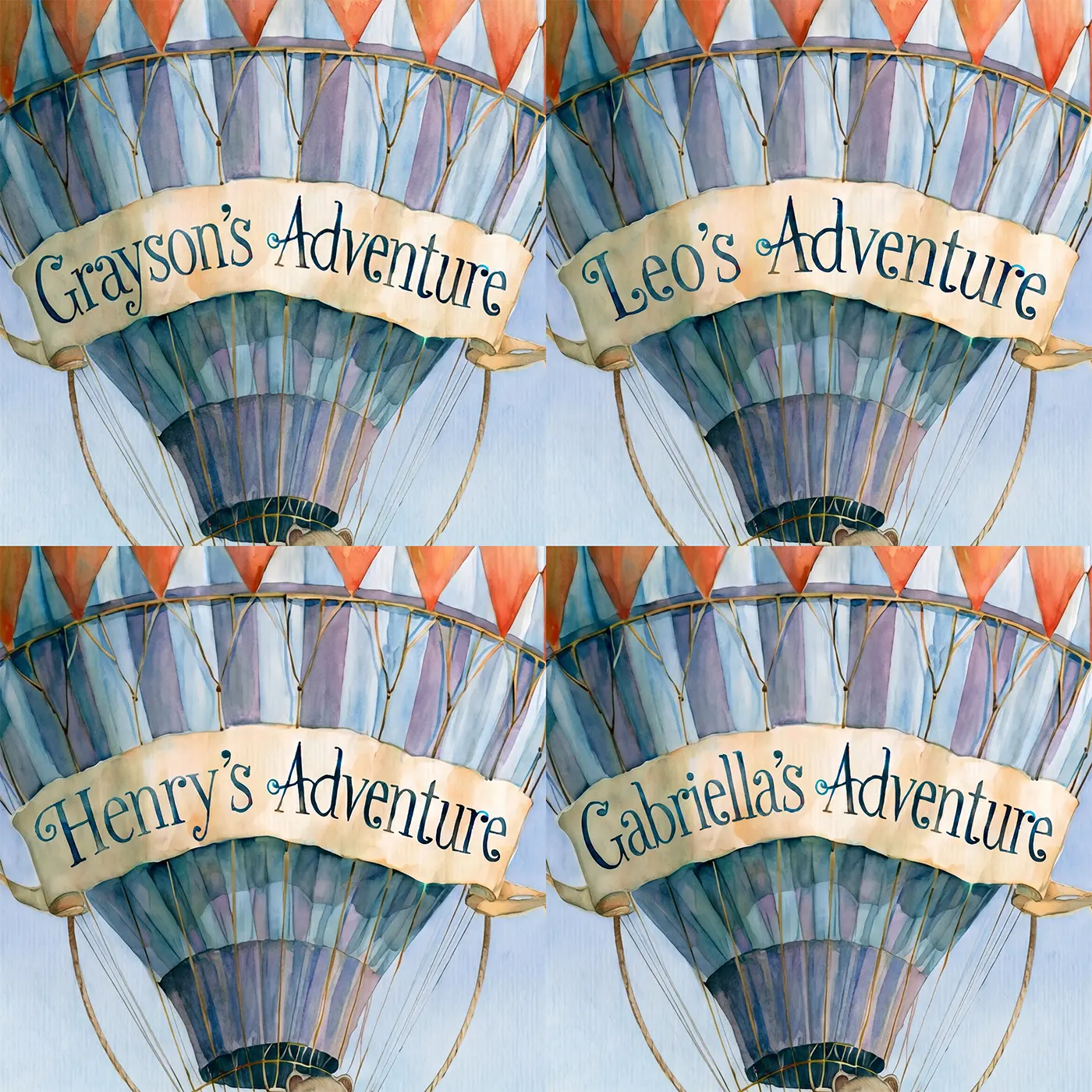 Four name preview examples of Hot Air Balloon Personalized Wall Mural by Whimsy Tots
