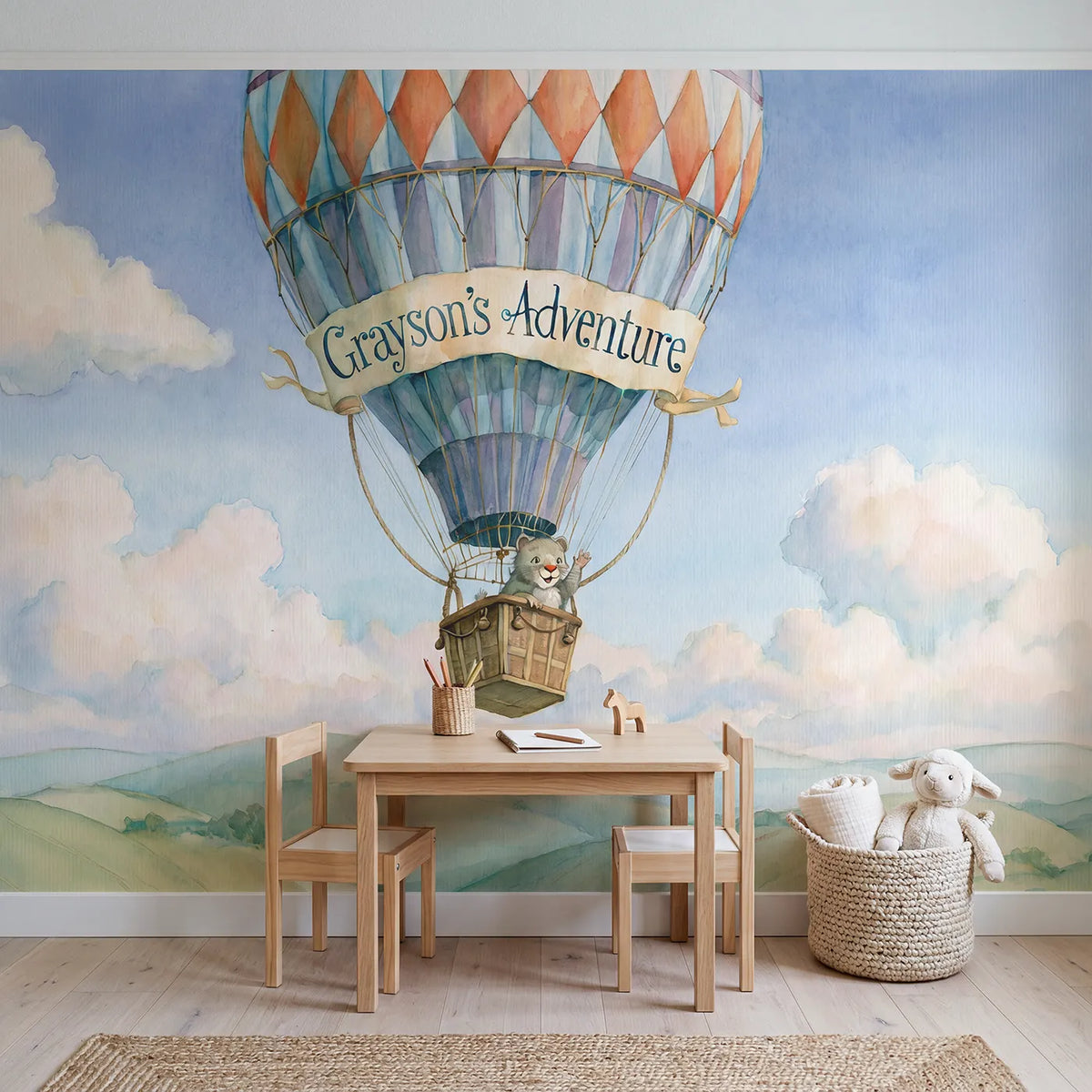 Hot Air Balloon Personalized Wall Mural in playroom setting by Whimsy Tots
