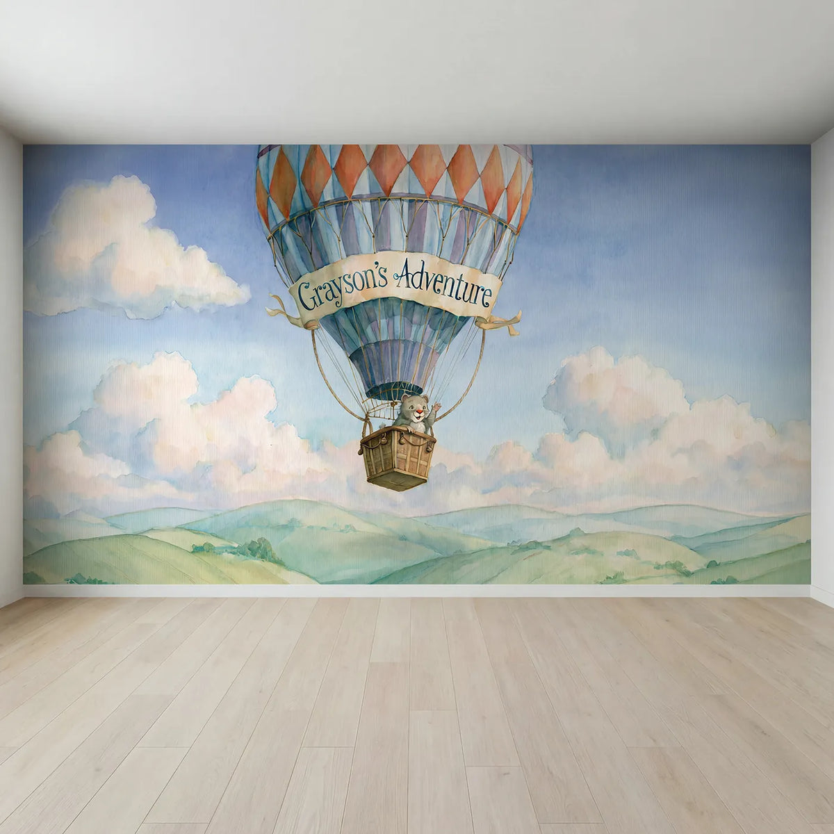 Full view of Hot Air Balloon Personalized Wall Mural by Whimsy Tots