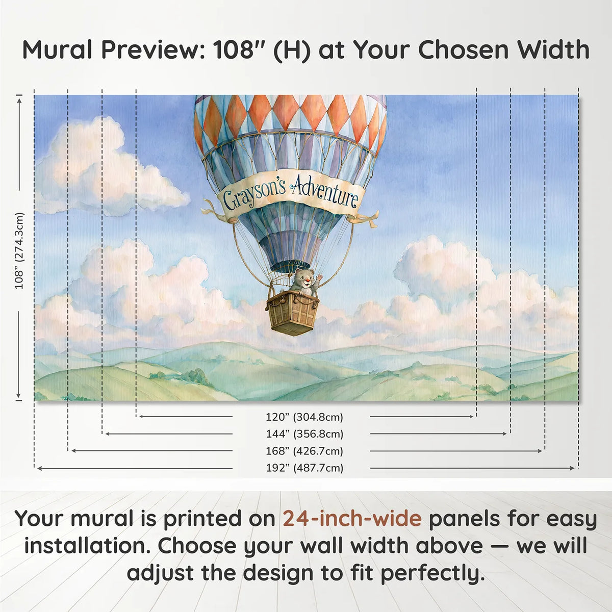 Panel layout and dimensions for Hot Air Balloon Personalized Wall Mural by Whimsy Tots