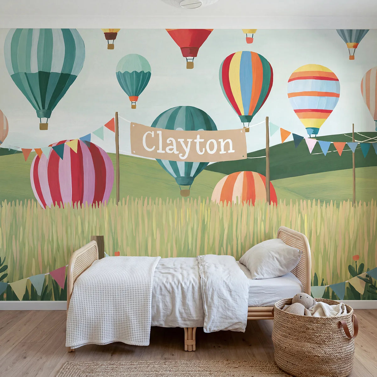 Modern Illustration balloon festival personalized wall mural with name for a playroom by Whimsy Tots
