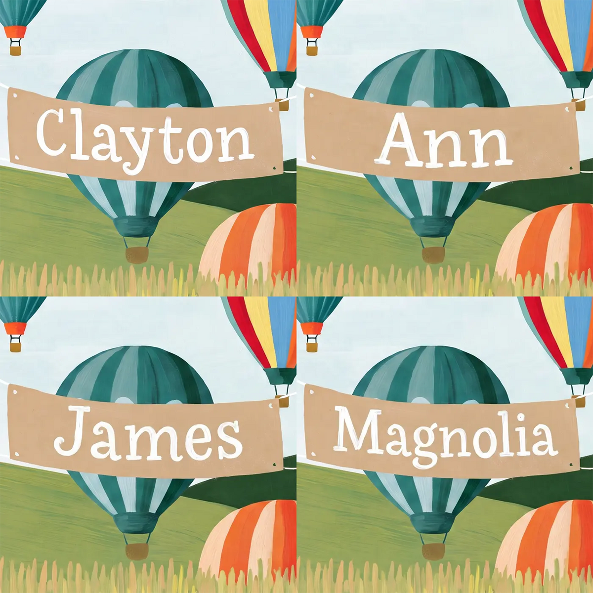 Four name preview examples of Colorful Balloon Festival Personalized Wall Mural by Whimsy Tots