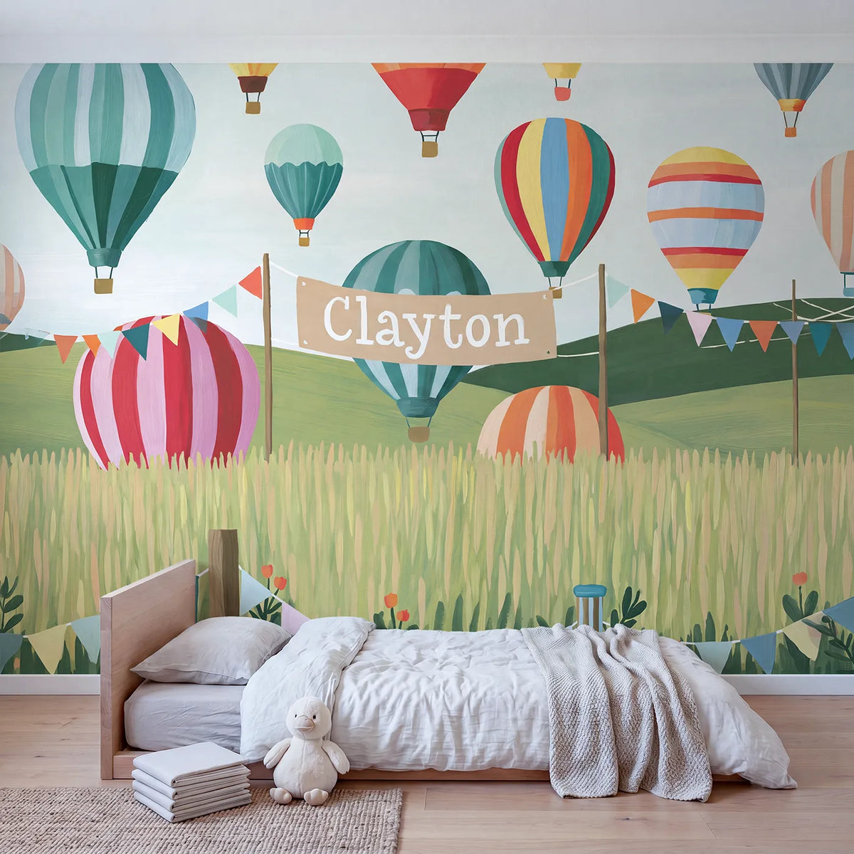 Colorful Balloon Festival Personalized Wall Mural in playroom setting by Whimsy Tots