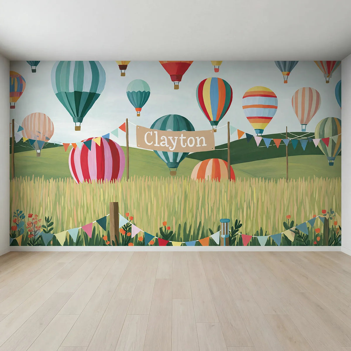 Full view of Colorful Balloon Festival Personalized Wall Mural by Whimsy Tots