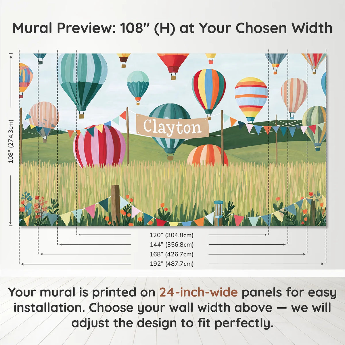 Panel layout and dimensions for Colorful Balloon Festival Personalized Wall Mural by Whimsy Tots