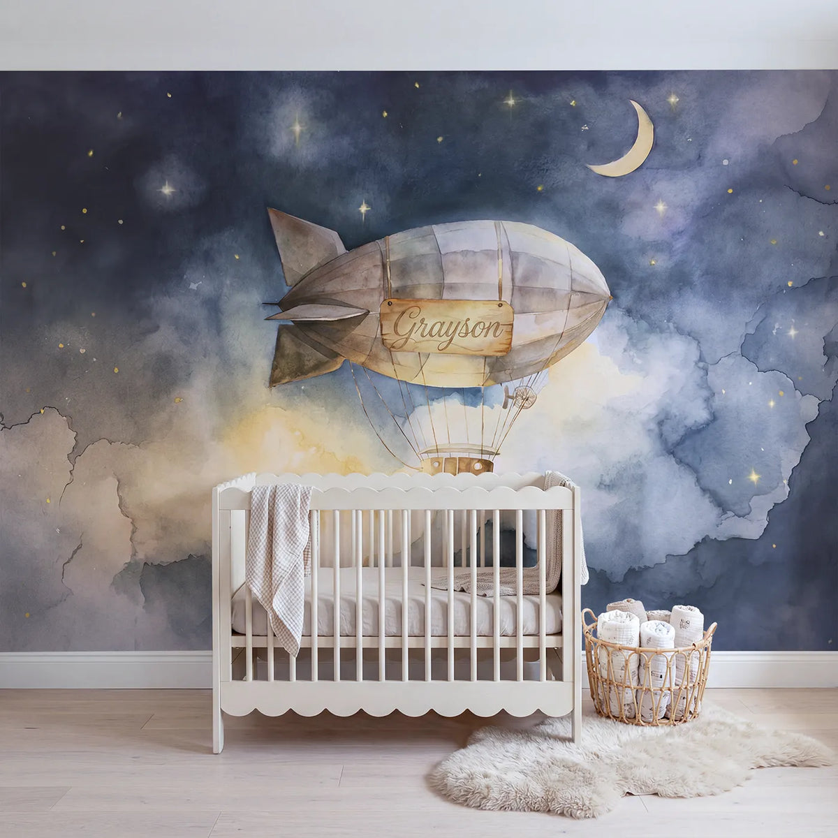 Watercolor night airship personalized wall mural with name on the hull for a nursery by Whimsy Tots