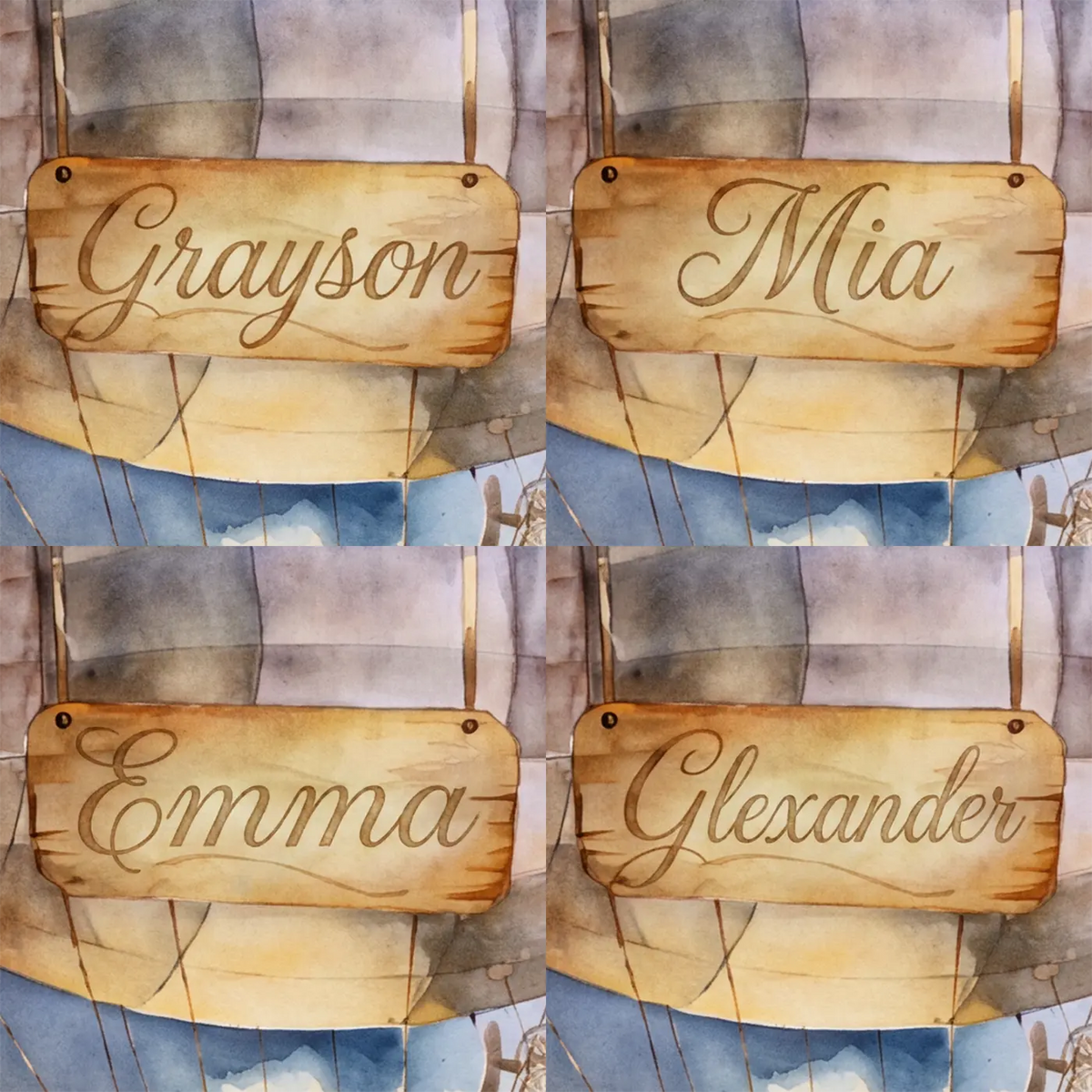 Four name preview examples of Dreamy Night Airship Personalized Wall Mural by Whimsy Tots
