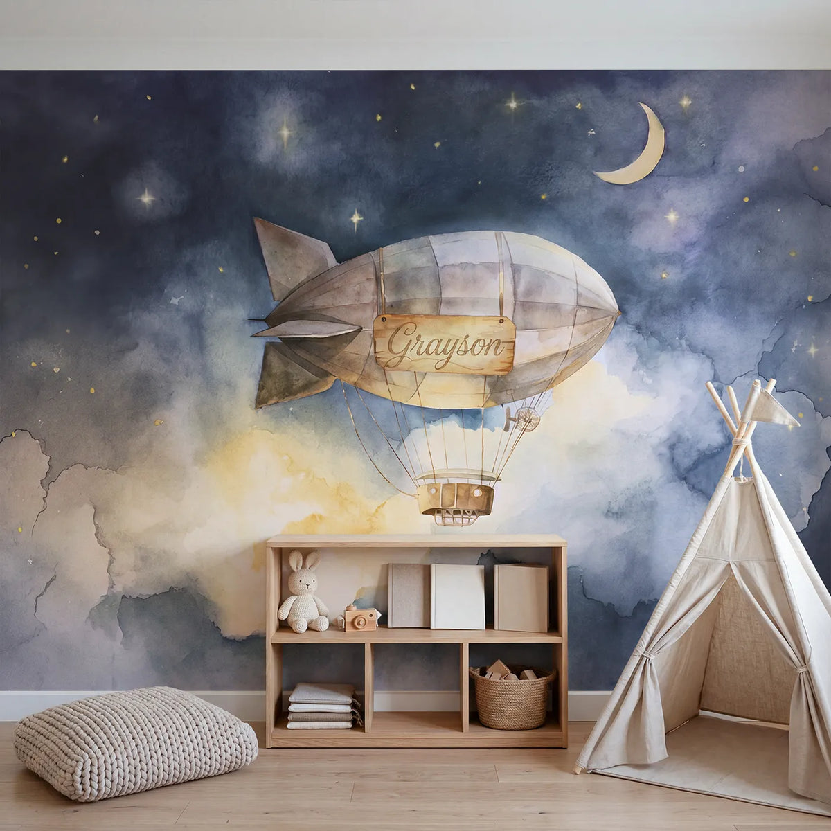 Dreamy Night Airship Personalized Wall Mural in playroom setting by Whimsy Tots