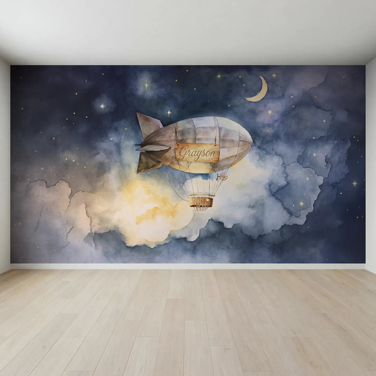 Full view of Dreamy Night Airship Personalized Wall Mural by Whimsy Tots