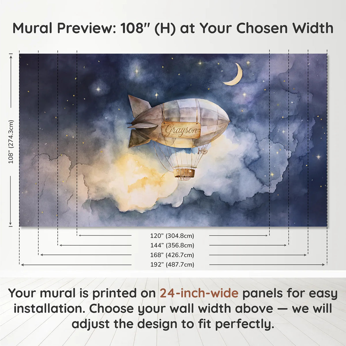 Panel layout and dimensions for Dreamy Night Airship Personalized Wall Mural by Whimsy Tots