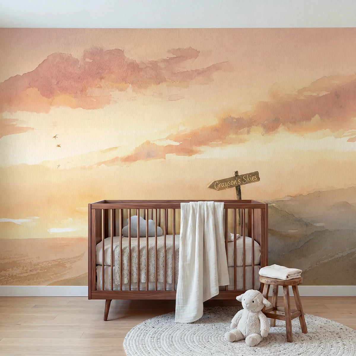 Watercolor sunset sky personalized wall mural with name signpost for a bedroom by Whimsy Tots
